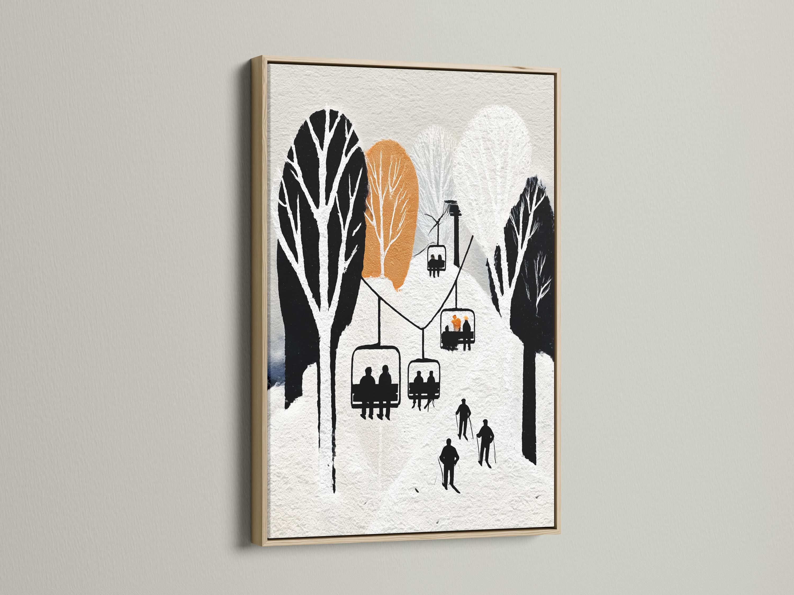 Minimalist winter ski lift scene with black silhouettes, skiers, trees and warm orange circles detail view