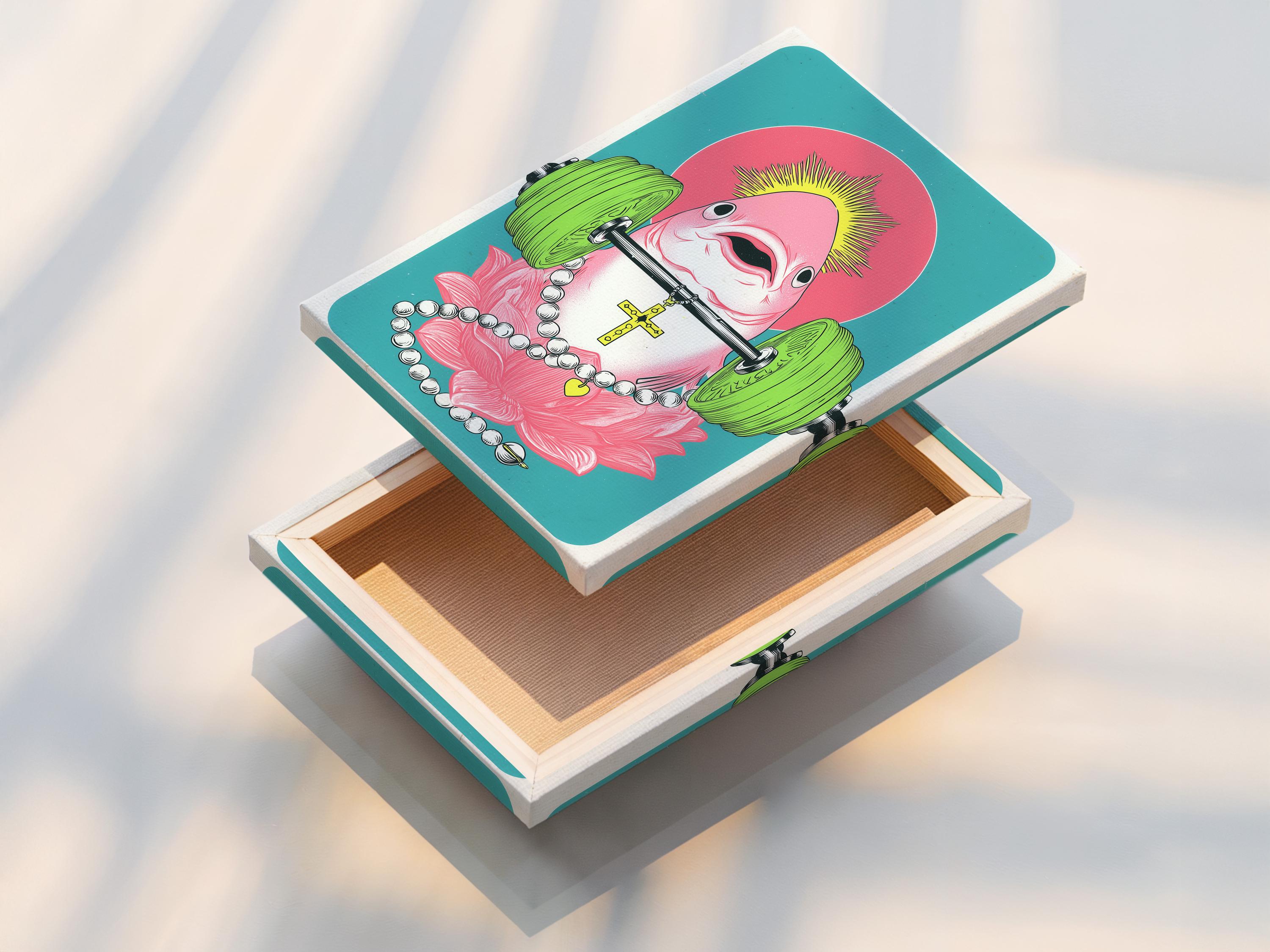 Pop surreal illustration of a pink fish weightlifter holding a barbell with a lotus and yellow cross detail view