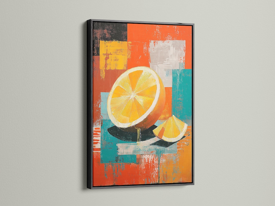 A bold orange-yellow citrus slice motif sits over layered patchwork blocks in orange, teal, yellow and charcoal, with painterly, distressed textures