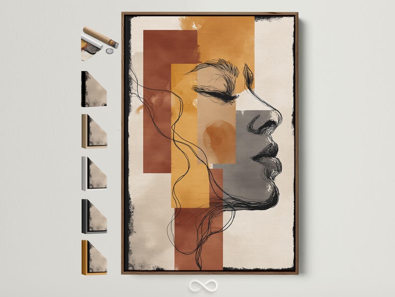 Abstract woman profile line drawing in black over terracotta, ochre, beige and grey blocks