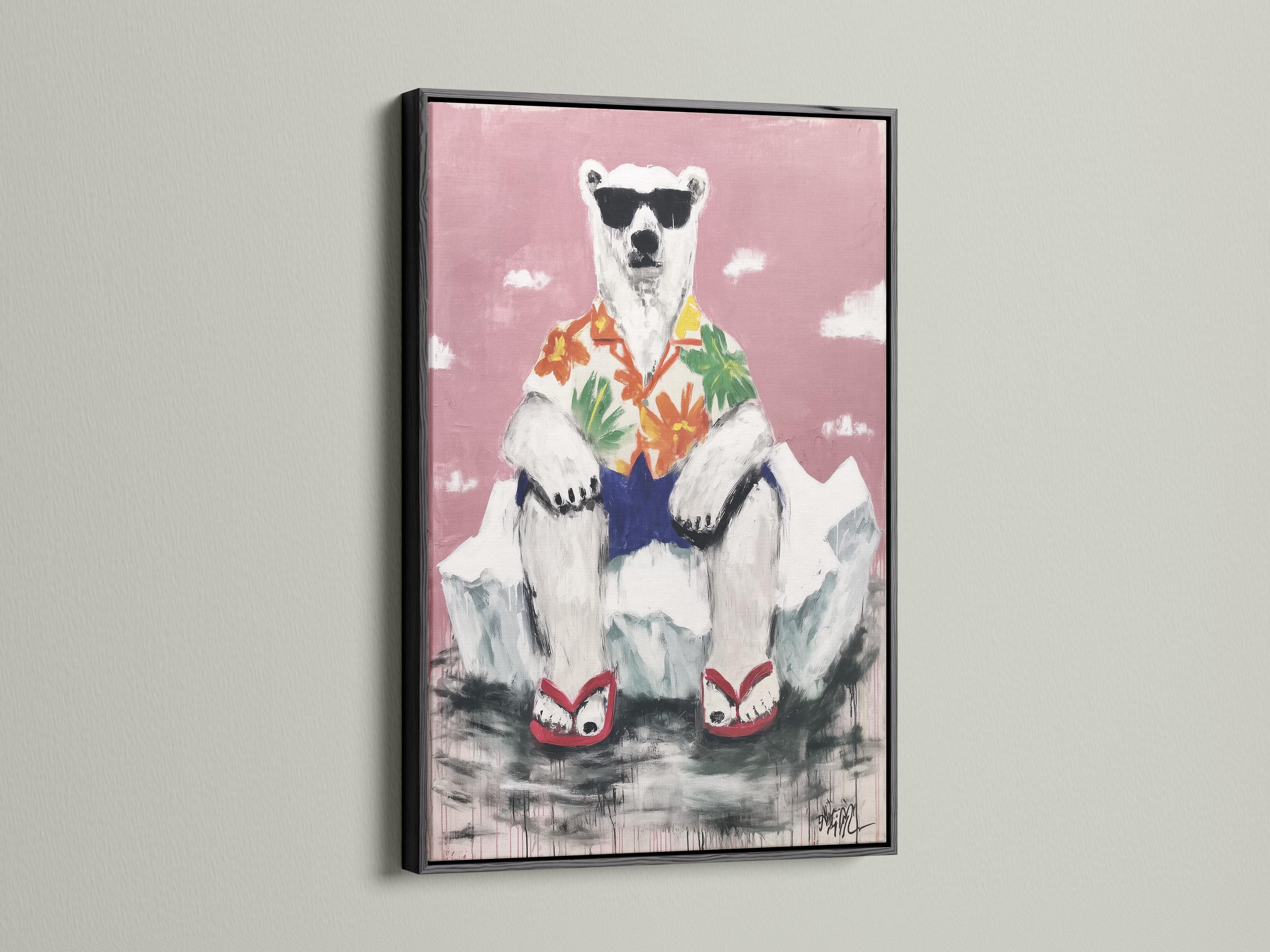 Stylised polar bear with a tropical shirt, standing against a blush pink background detail view