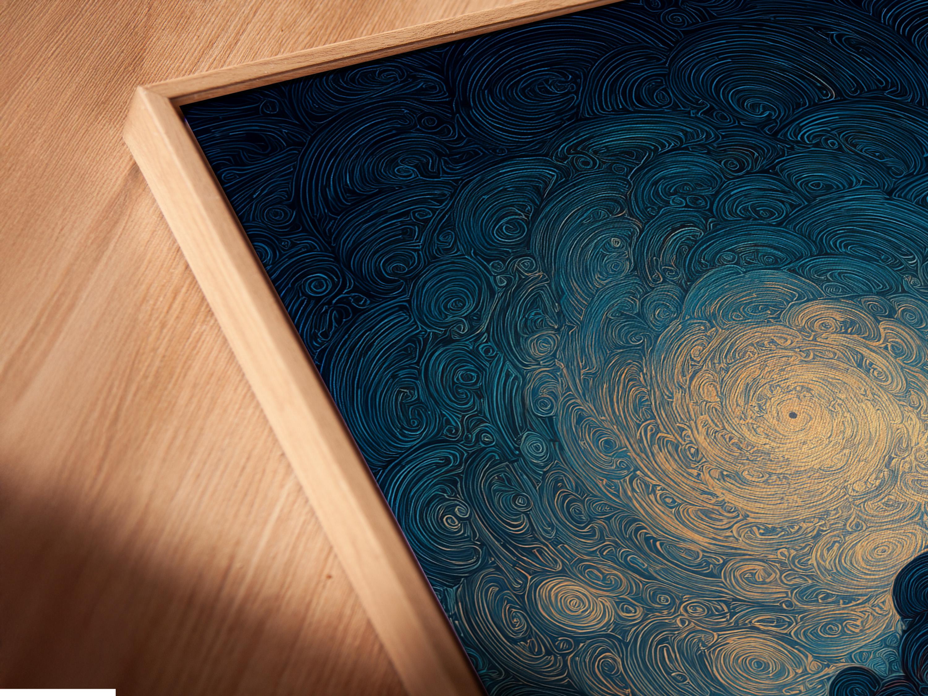 Room mockup showing framed artwork with a swirling night sky cityscape and orange sunset glow