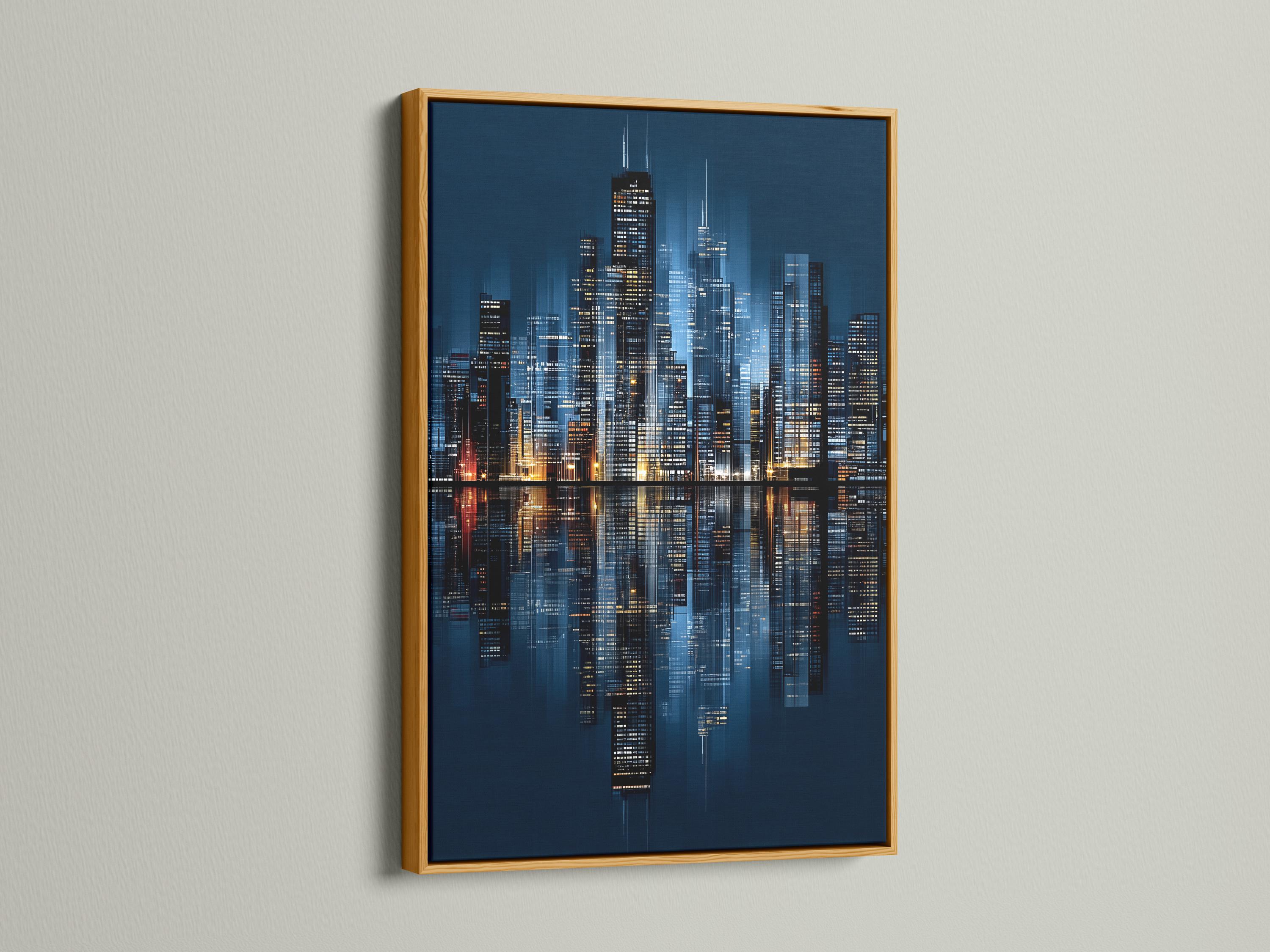 Night city skyline artwork in navy blue with illuminated buildings and reflections detail view