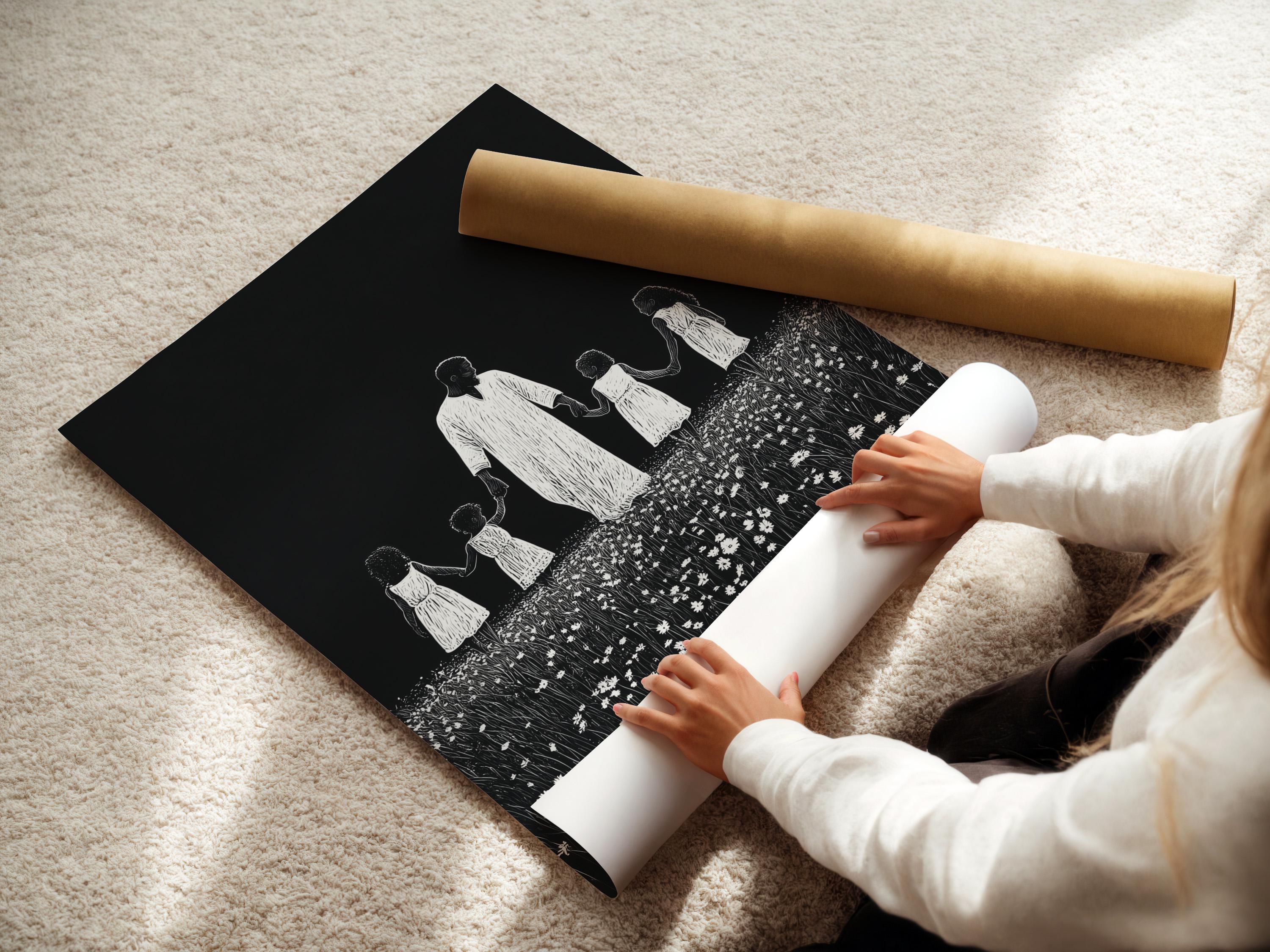 Monochrome line-art family scene of a father holding daughters’ hands in a flower field detail view