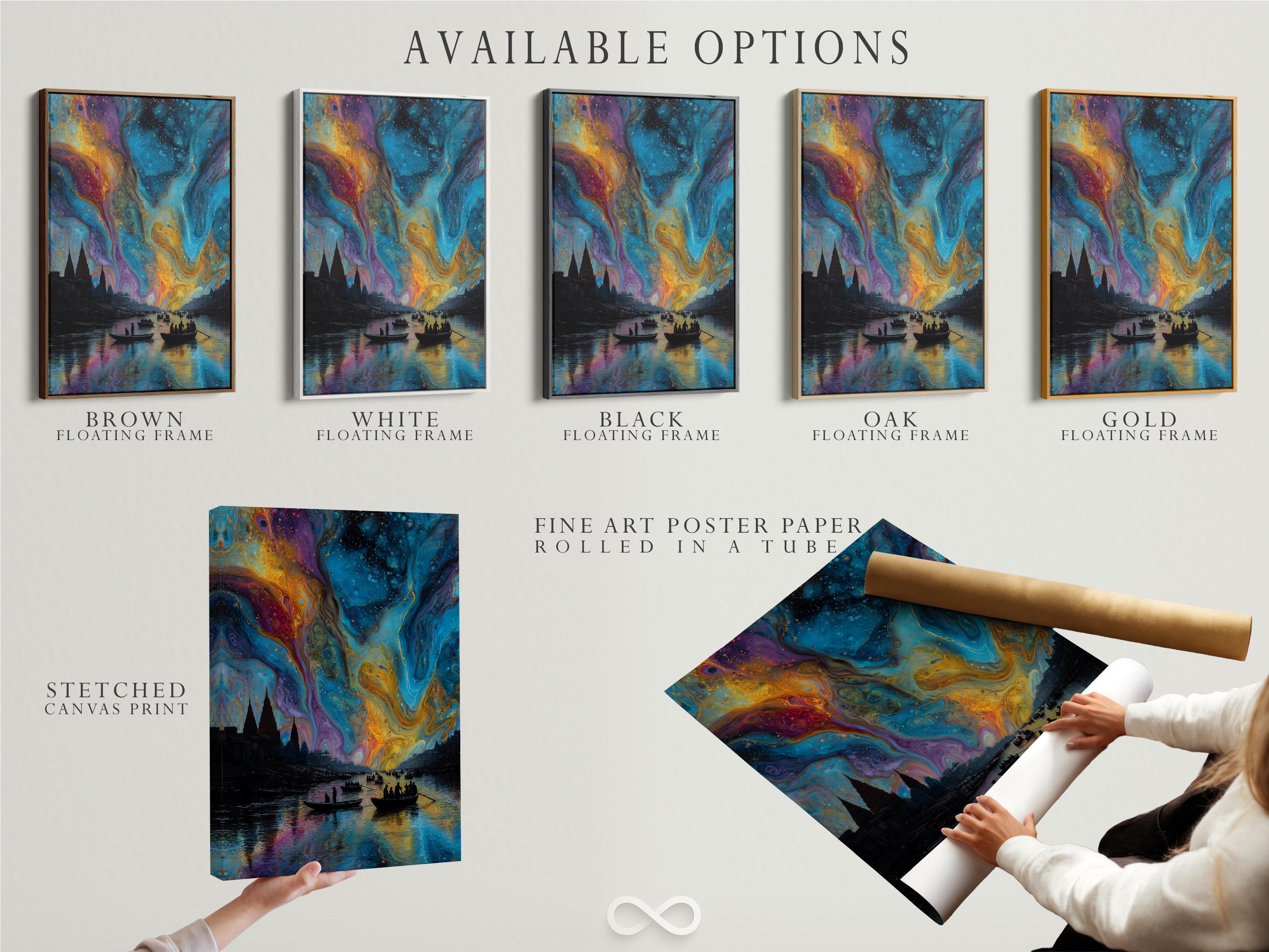 Abstract aurora-style cityscape with blue and gold swirls over a dark river and silhouetted boats detail view