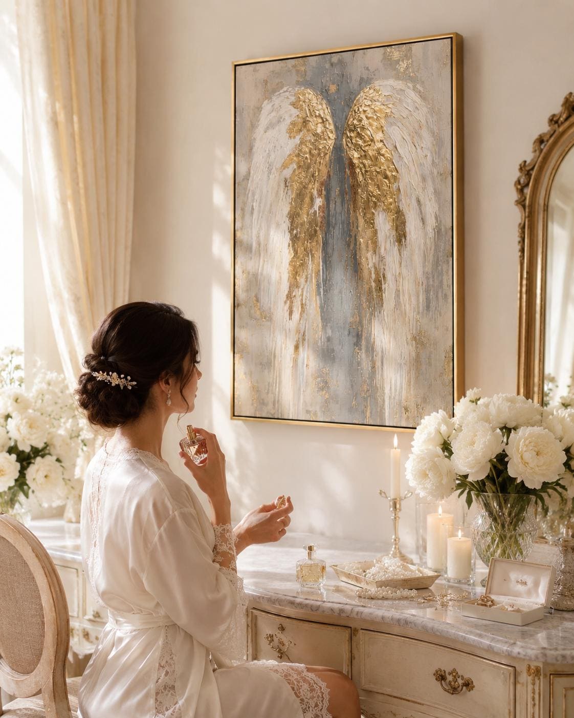 An angel-wing motif is shown symmetrically in layered white, grey and gold leaf-like tones, set against a textured neutral background detail view