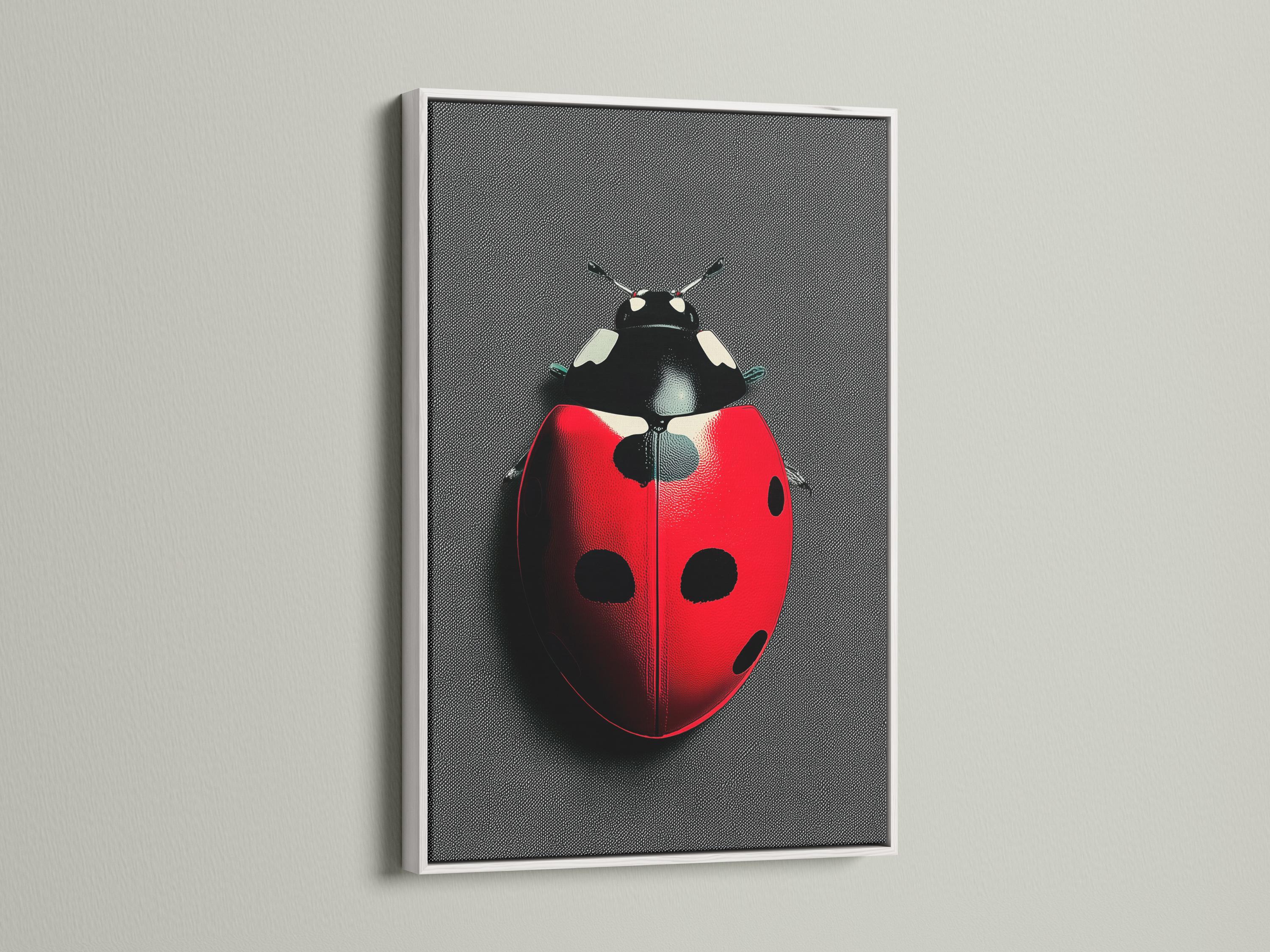 Ladybug beetle artwork displayed in a frame on a wall with hanging accessories to one side