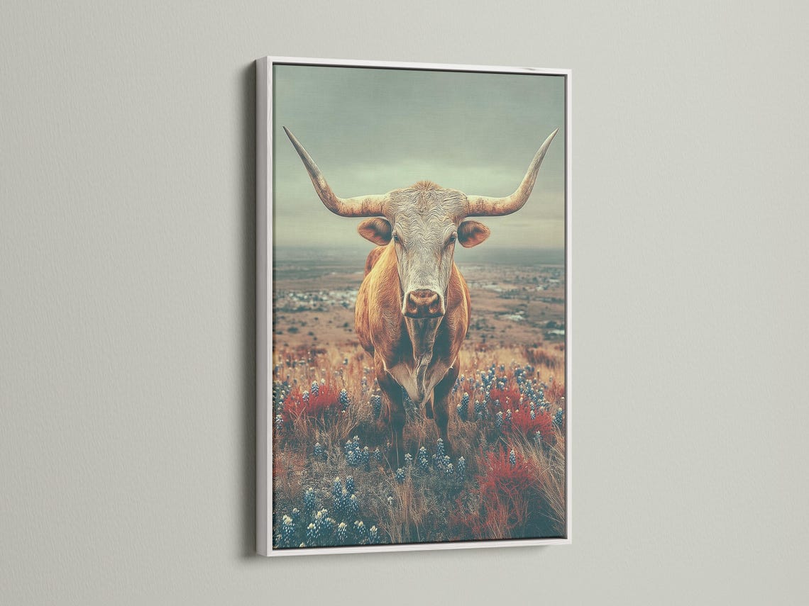 Longhorn cow standing in a countryside landscape with red and blue flowers under a muted green sky detail view