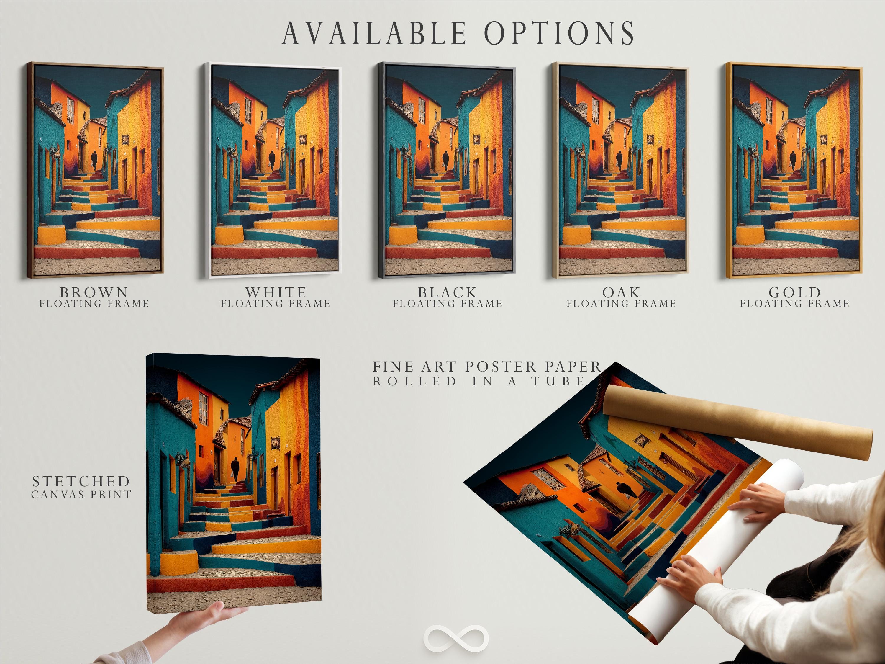Colourful street steps artwork with teal, orange and deep blue buildings and a lone silhouette detail view