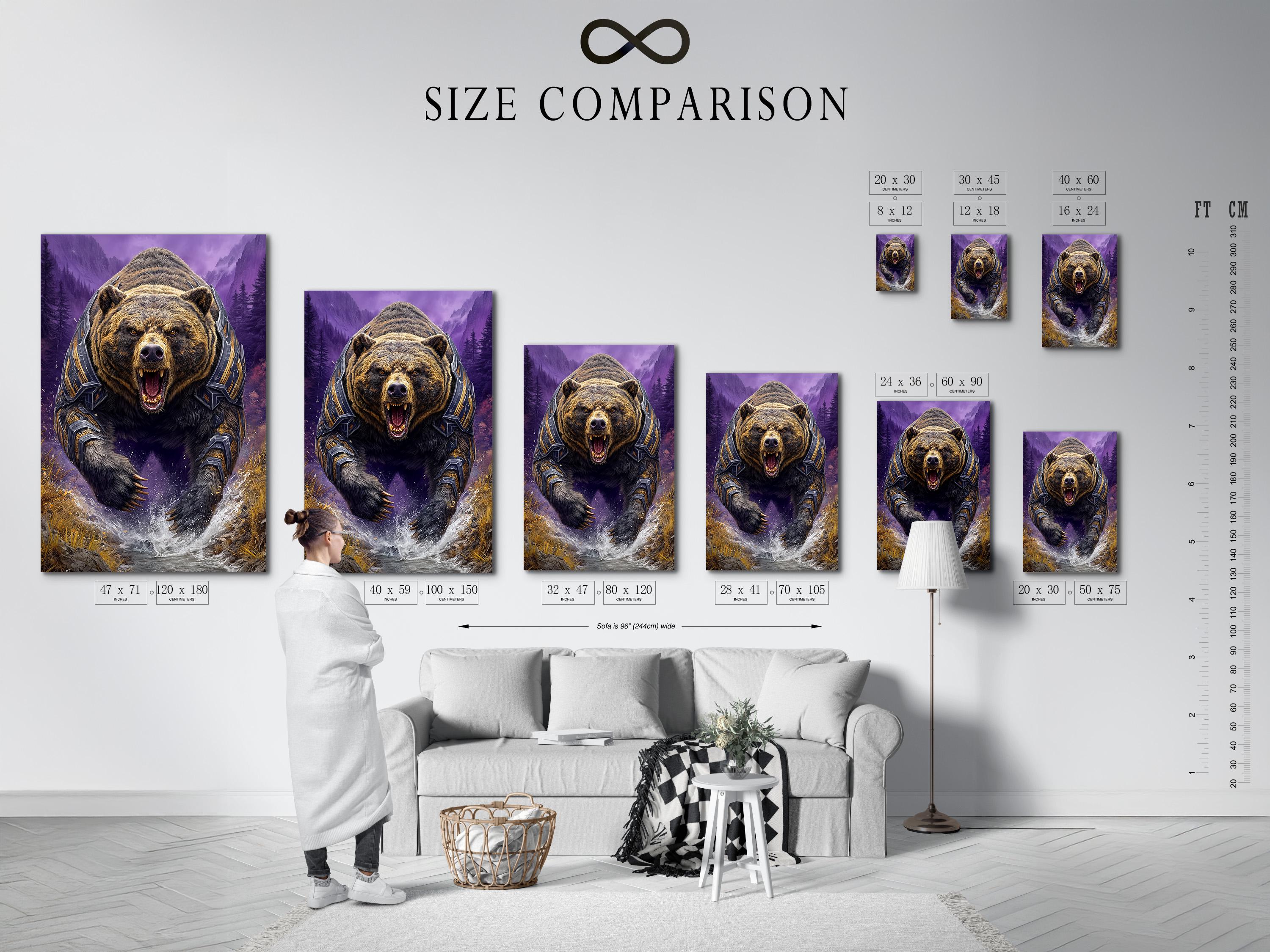 Roaring armoured bear in a purple mountain fantasy scene with gold accents and a white splash detail view