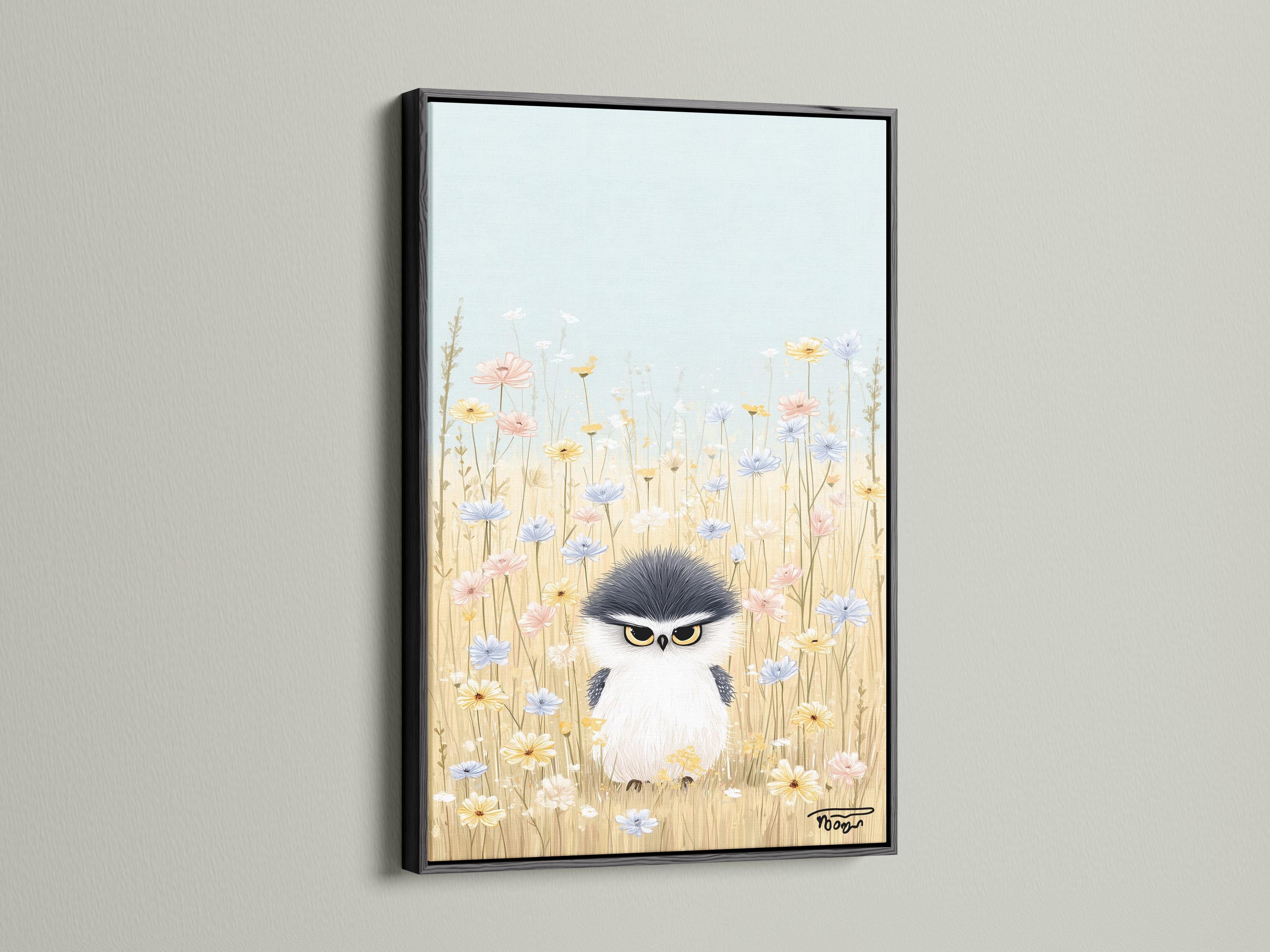 Room mockup showing an artwork with a whimsical owl in a pastel wildflower meadow