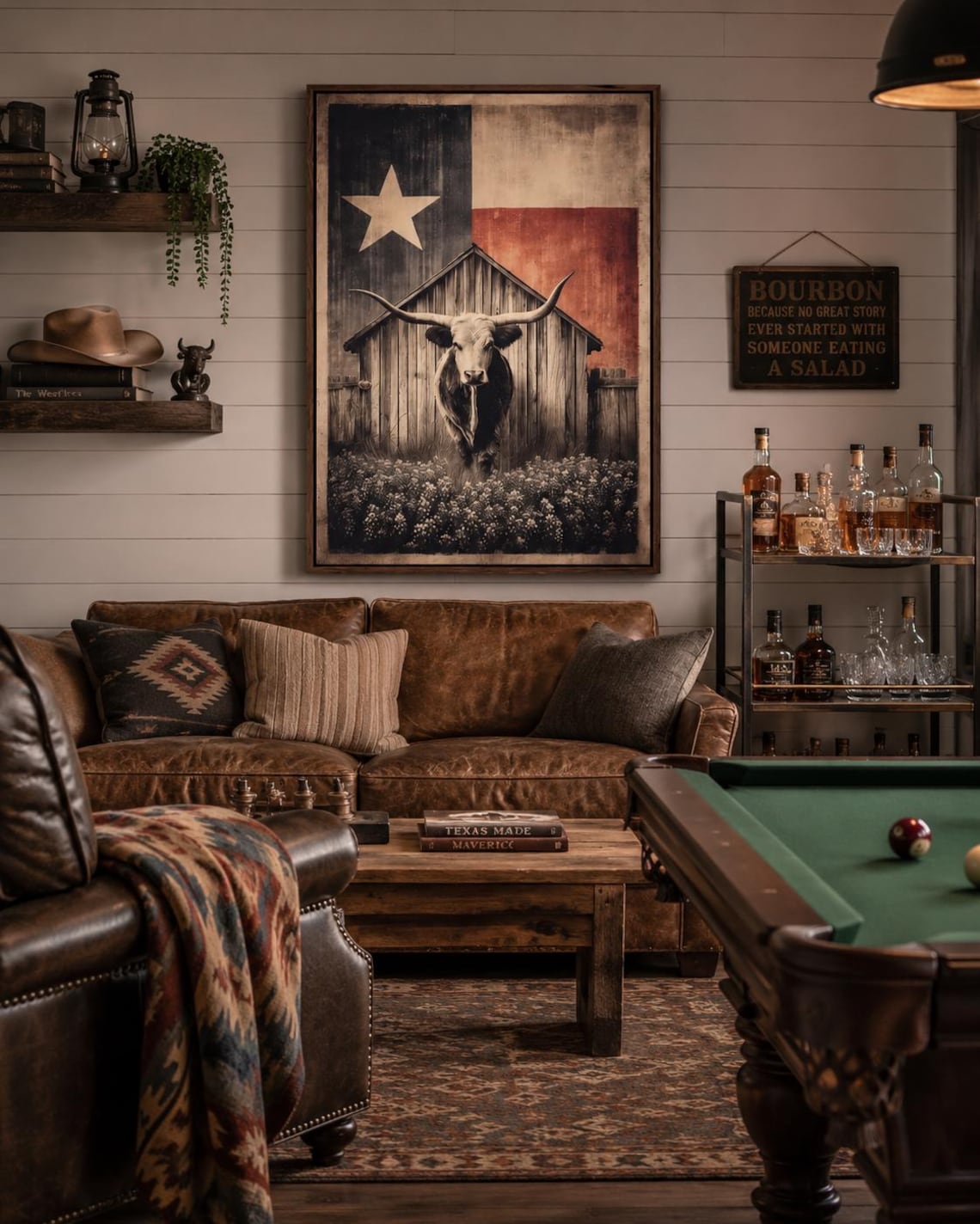 Longhorn steer illustration beneath a barn silhouette and a five-point star on a distressed sepia and charcoal background detail view
