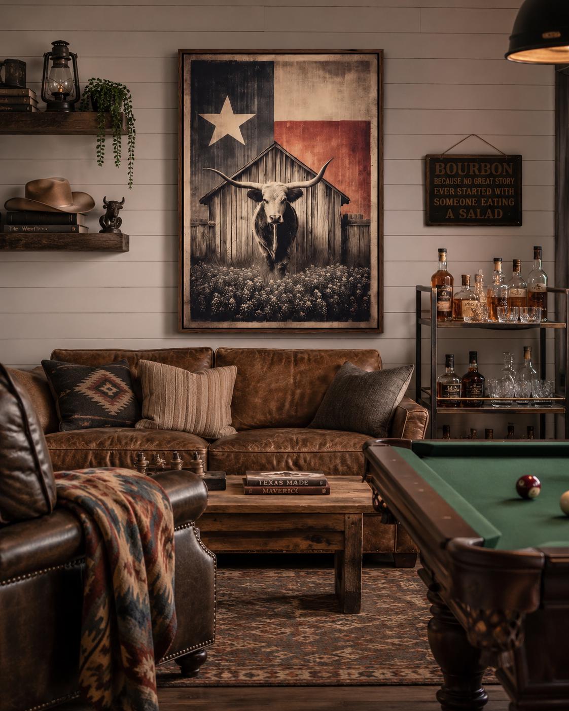 Longhorn steer illustration beneath a barn silhouette and a five-point star on a distressed sepia and charcoal background detail view
