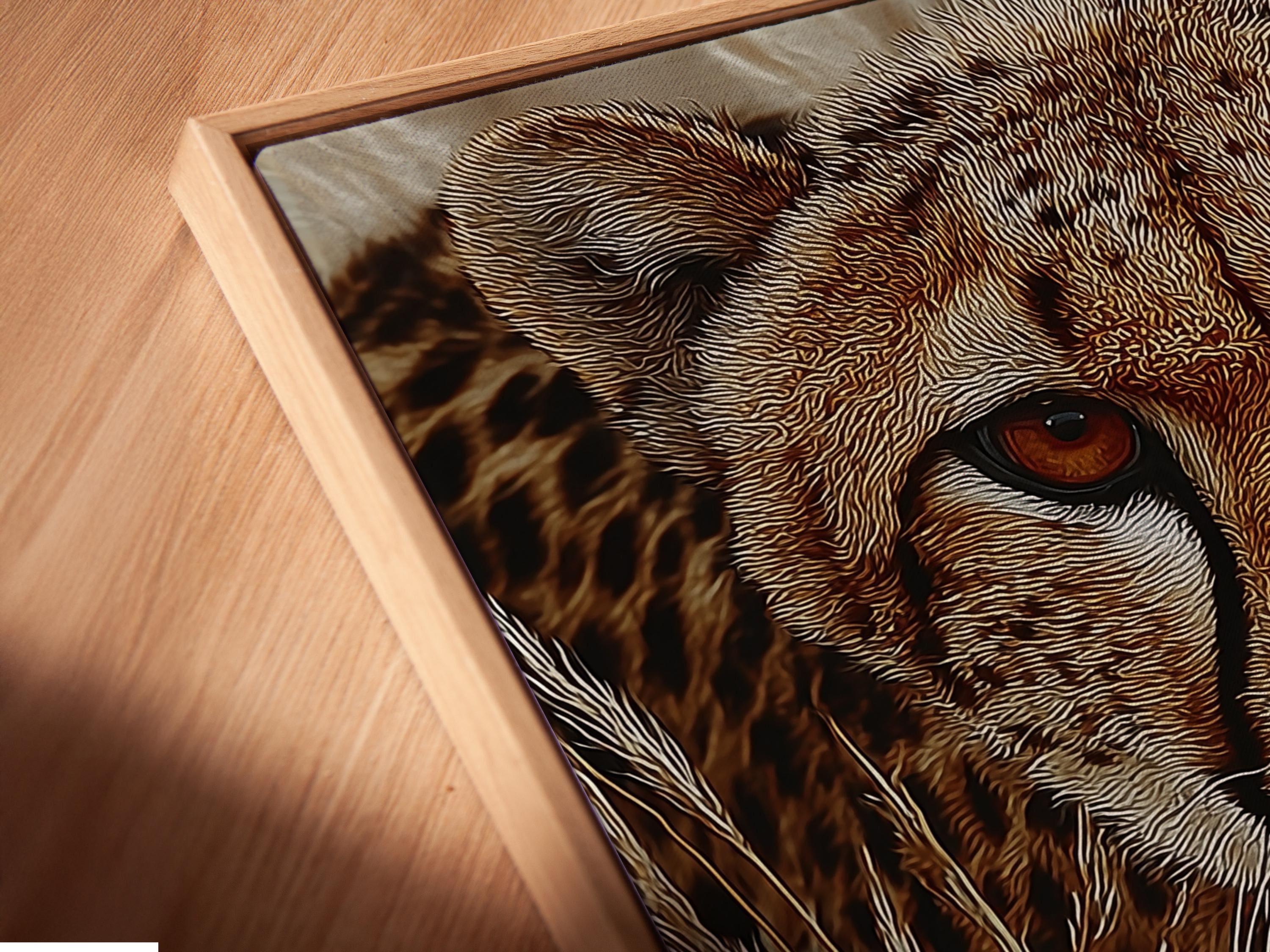 Textured cheetah portrait with amber eyes in warm brown and beige tones detail view