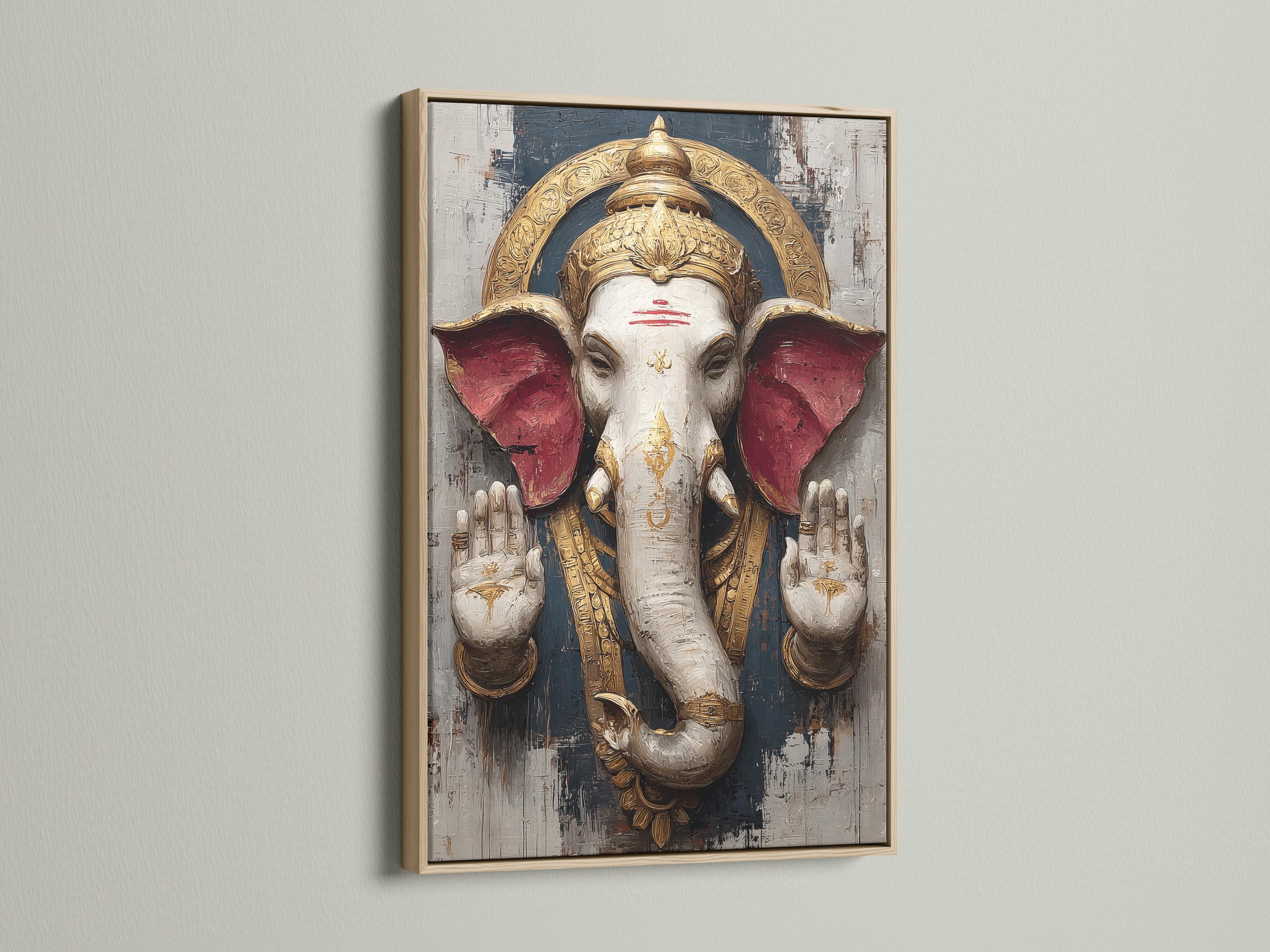 Stylised elephant-headed deity figure with gold crown and red wing-like shapes on a textured charcoal background detail view