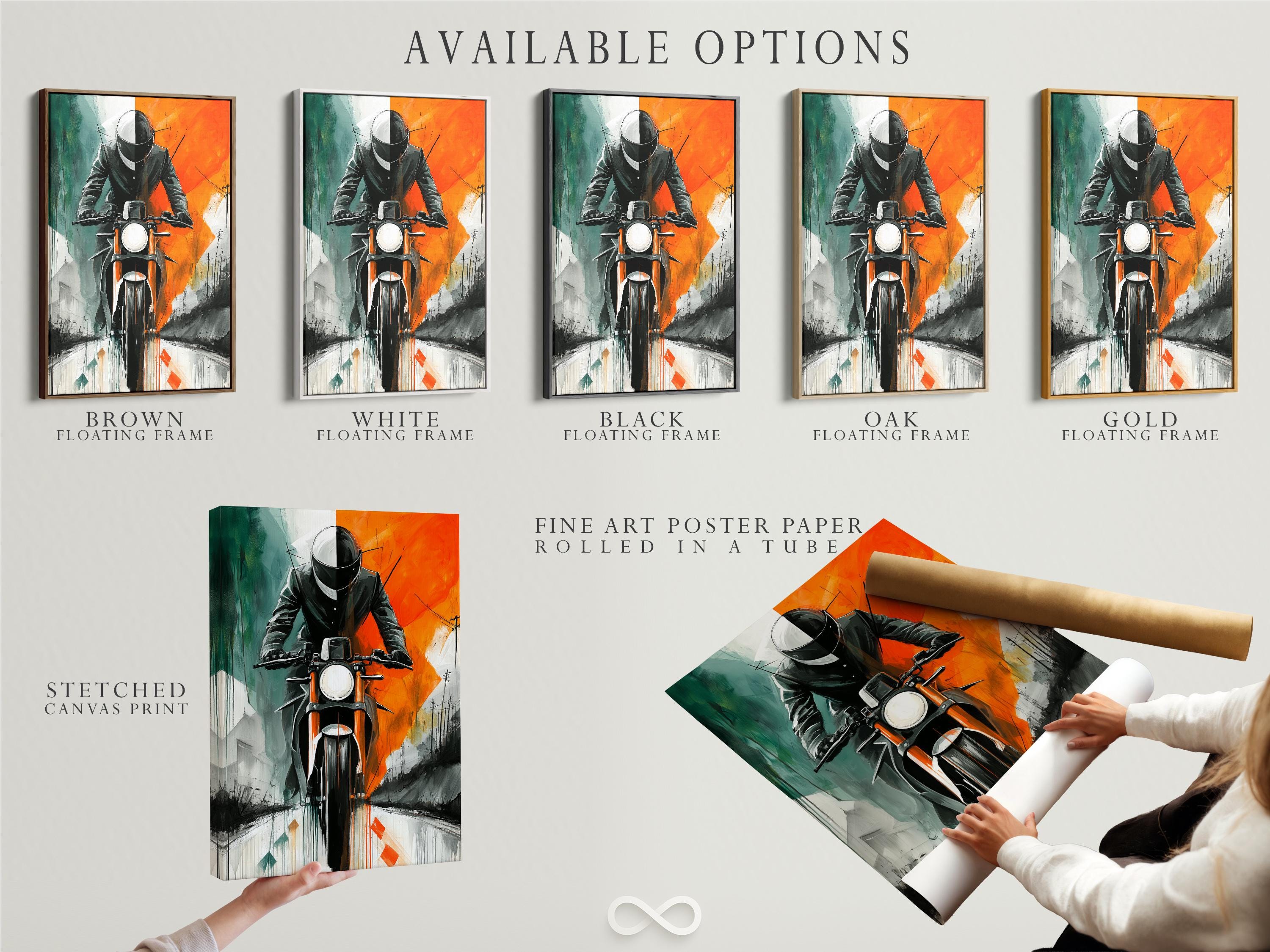 Stylised motorcyclist with helmet, headlight and retro road scene in orange, teal and grey detail view