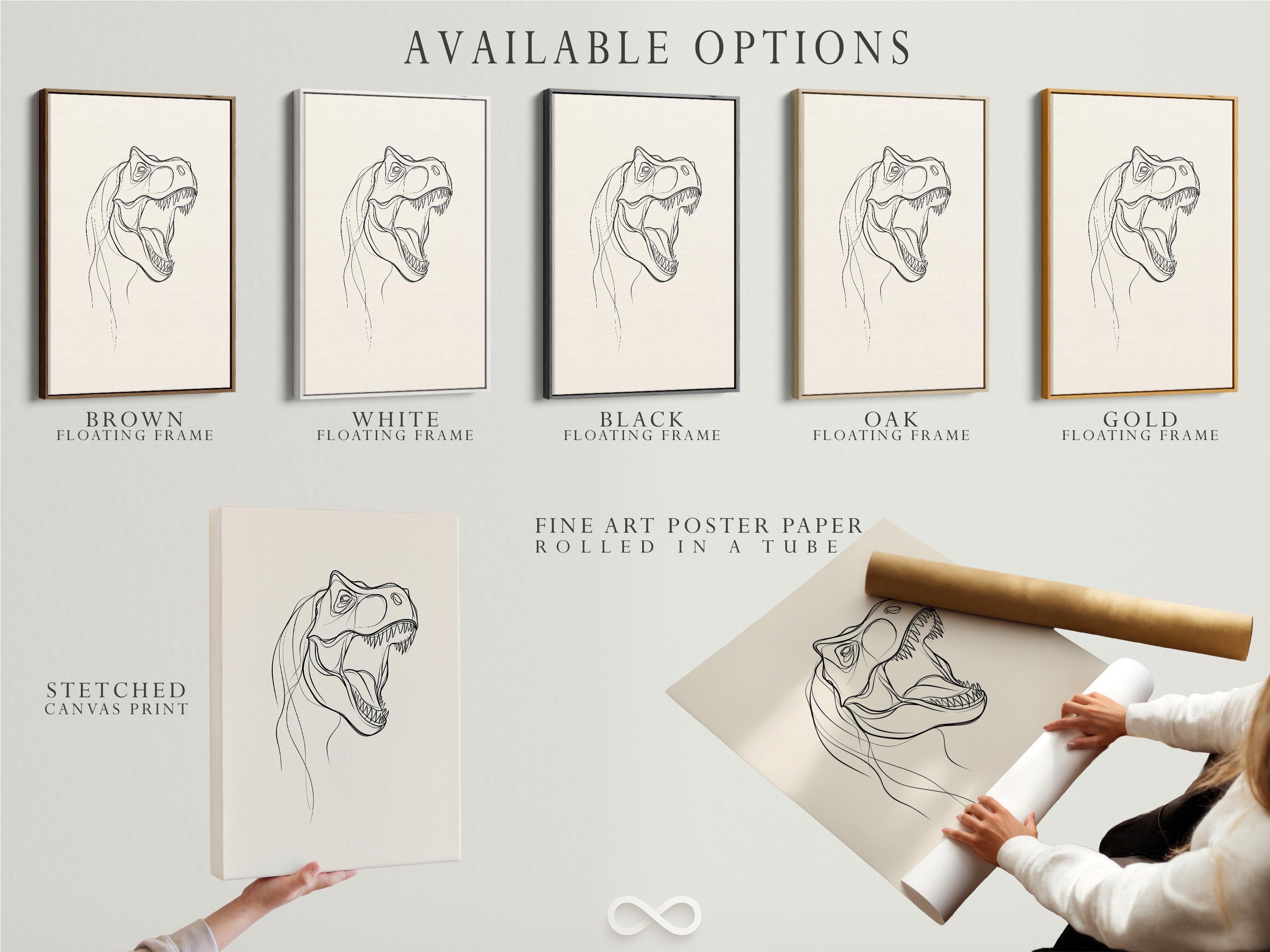 T-rex line art wall mockup with a framed black line drawing on an off-white background