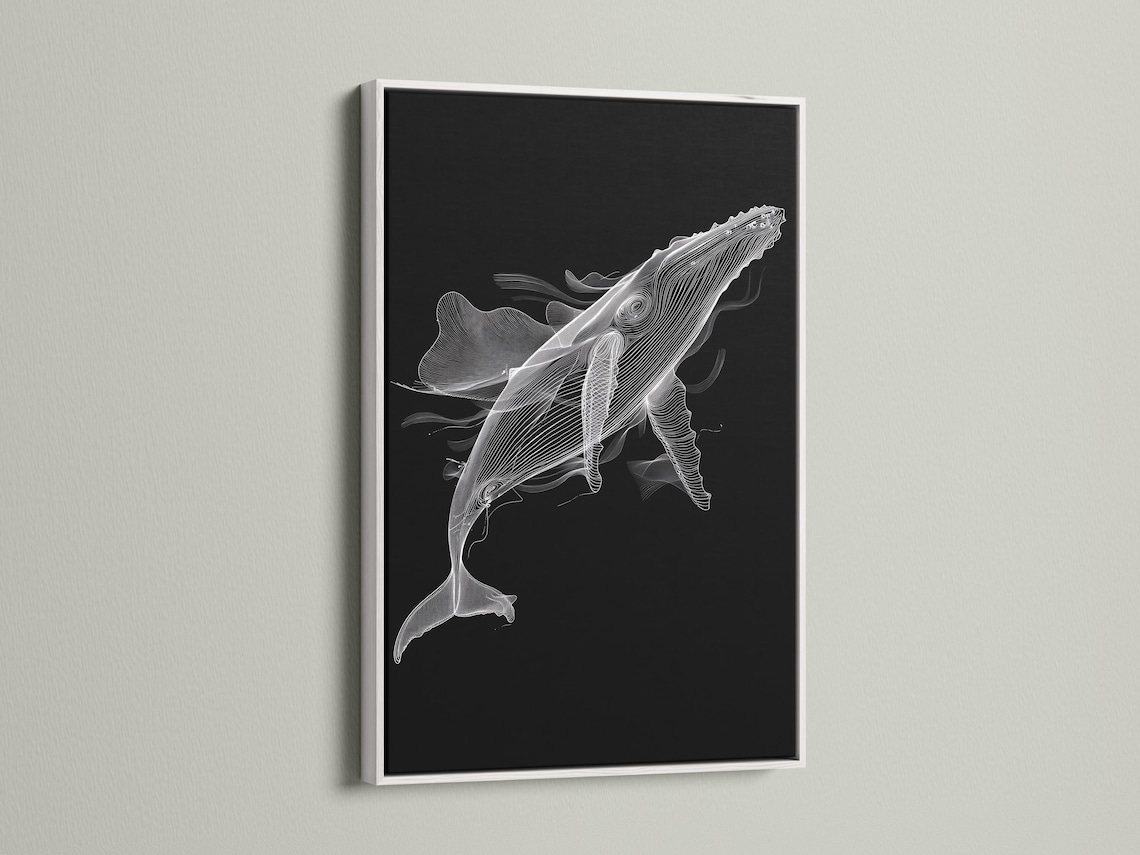 White line-art whale illustration on a dark black background detail view