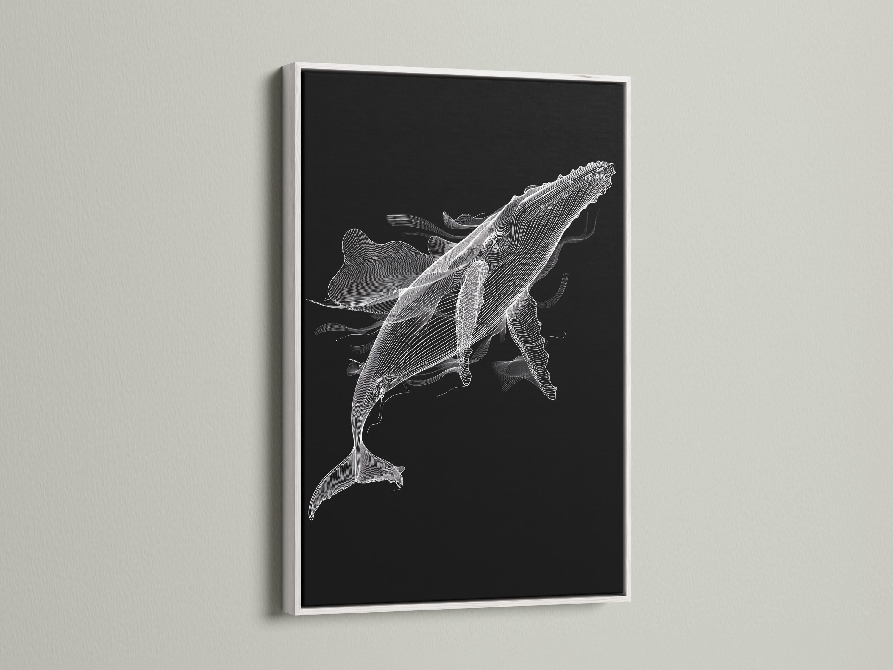 White line-art whale illustration on a dark black background detail view
