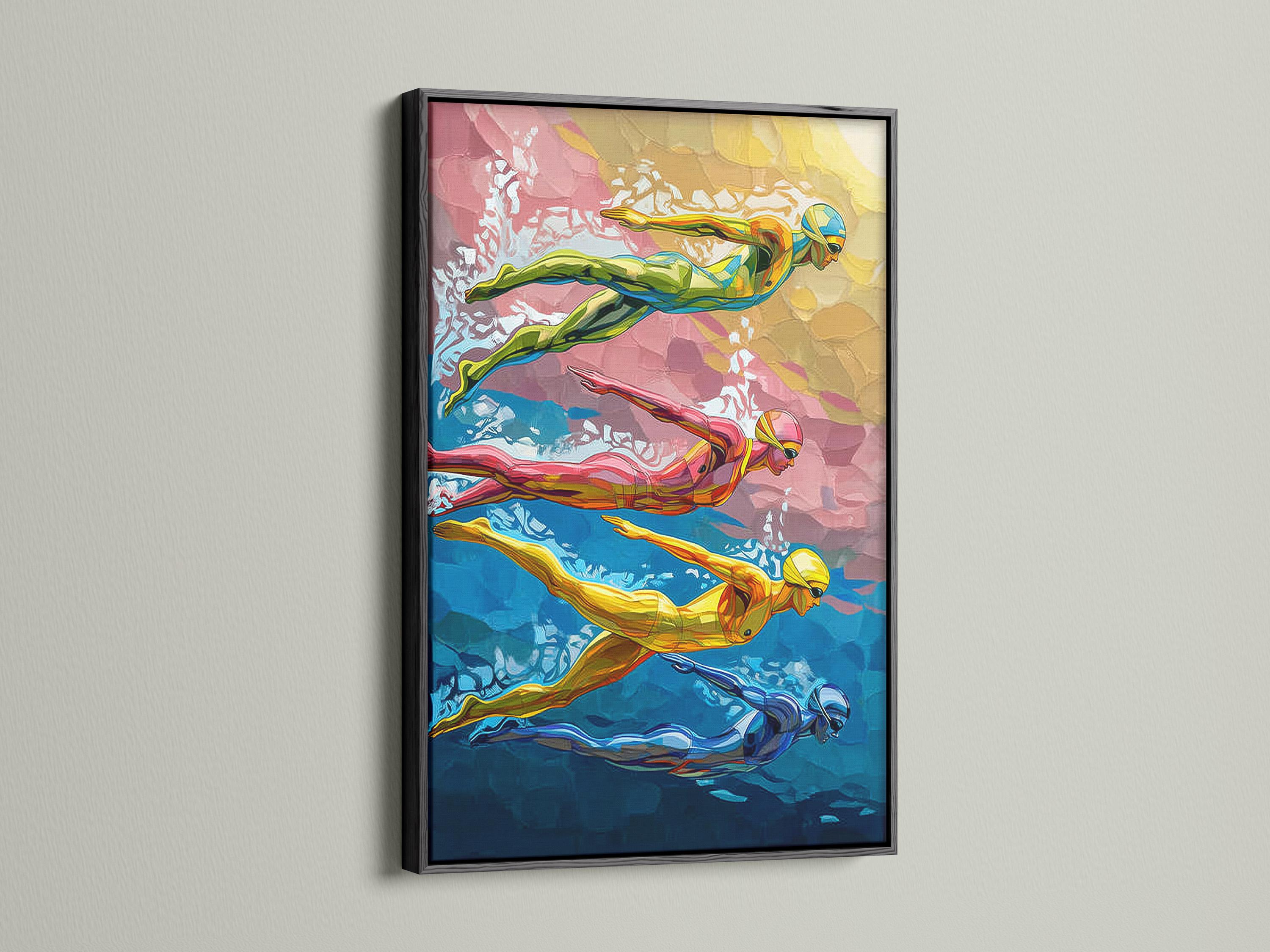 Room mockup showing a framed swimmer artwork on a light wall