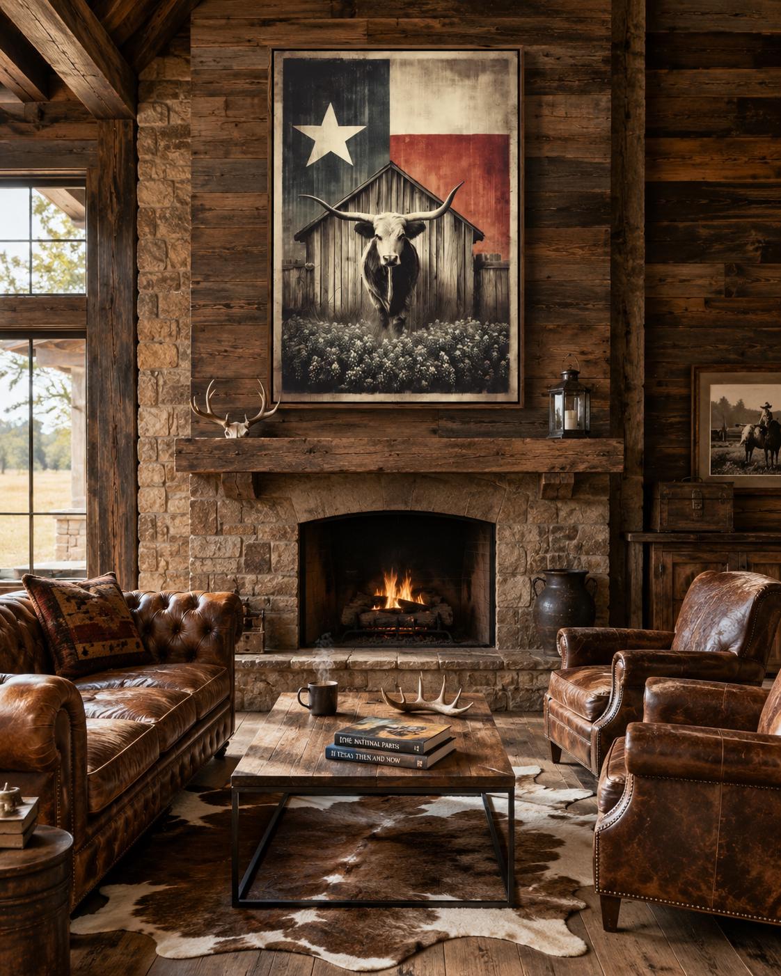 Longhorn steer illustration beneath a barn silhouette and a five-point star on a distressed sepia and charcoal background detail view