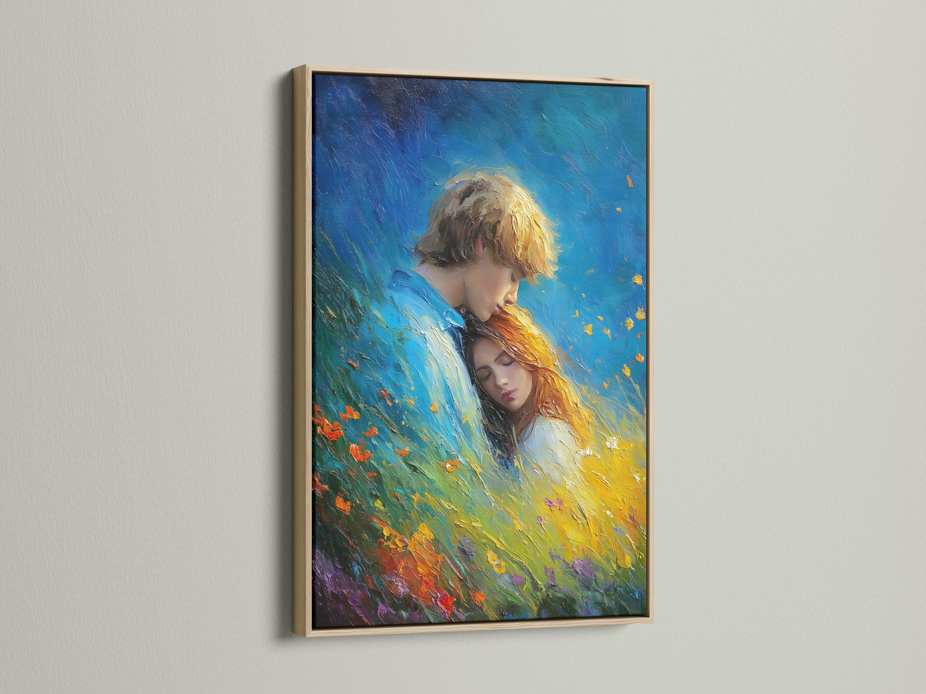 Painted romantic couple embracing in a blue field with warm yellow and gold highlights detail view