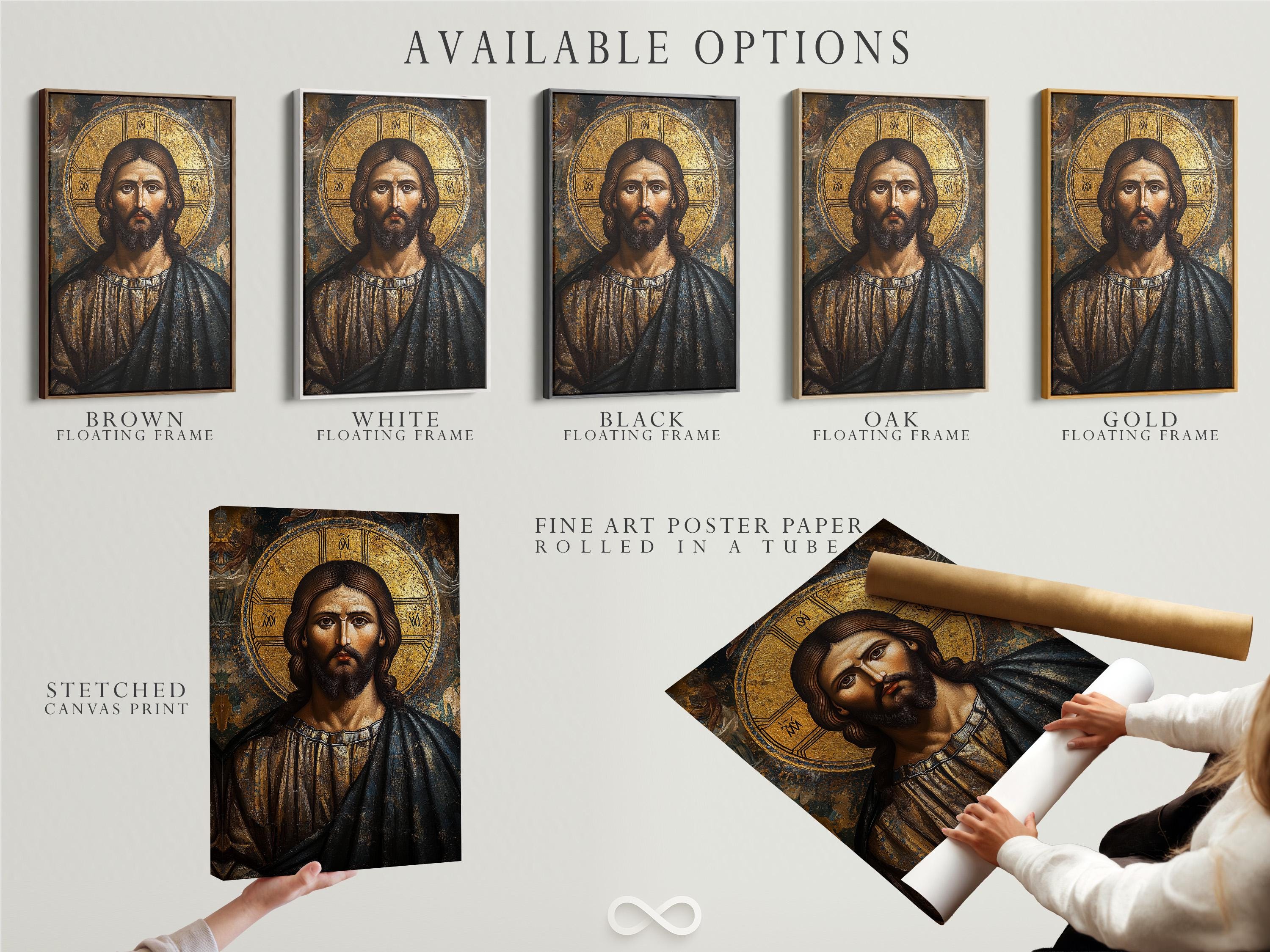 Byzantine-style portrait of Jesus Christ with a gold halo and textured dark background detail view