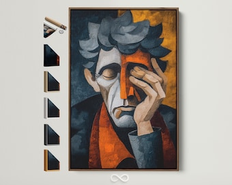 Abstract Portrait Canvas Art - Modern Orange & Navy Wall Decor, Contemporary Artwork for Office, Thoughtful Gift for Him