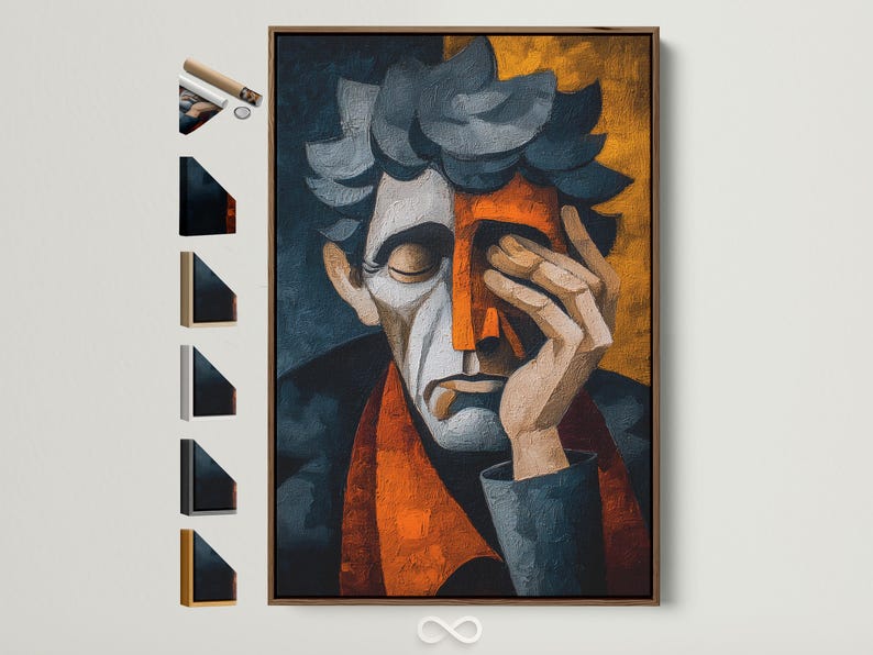 A textured abstract portrait figure in teal and navy, holding a book-like shape, with warm orange and golden blocks behind