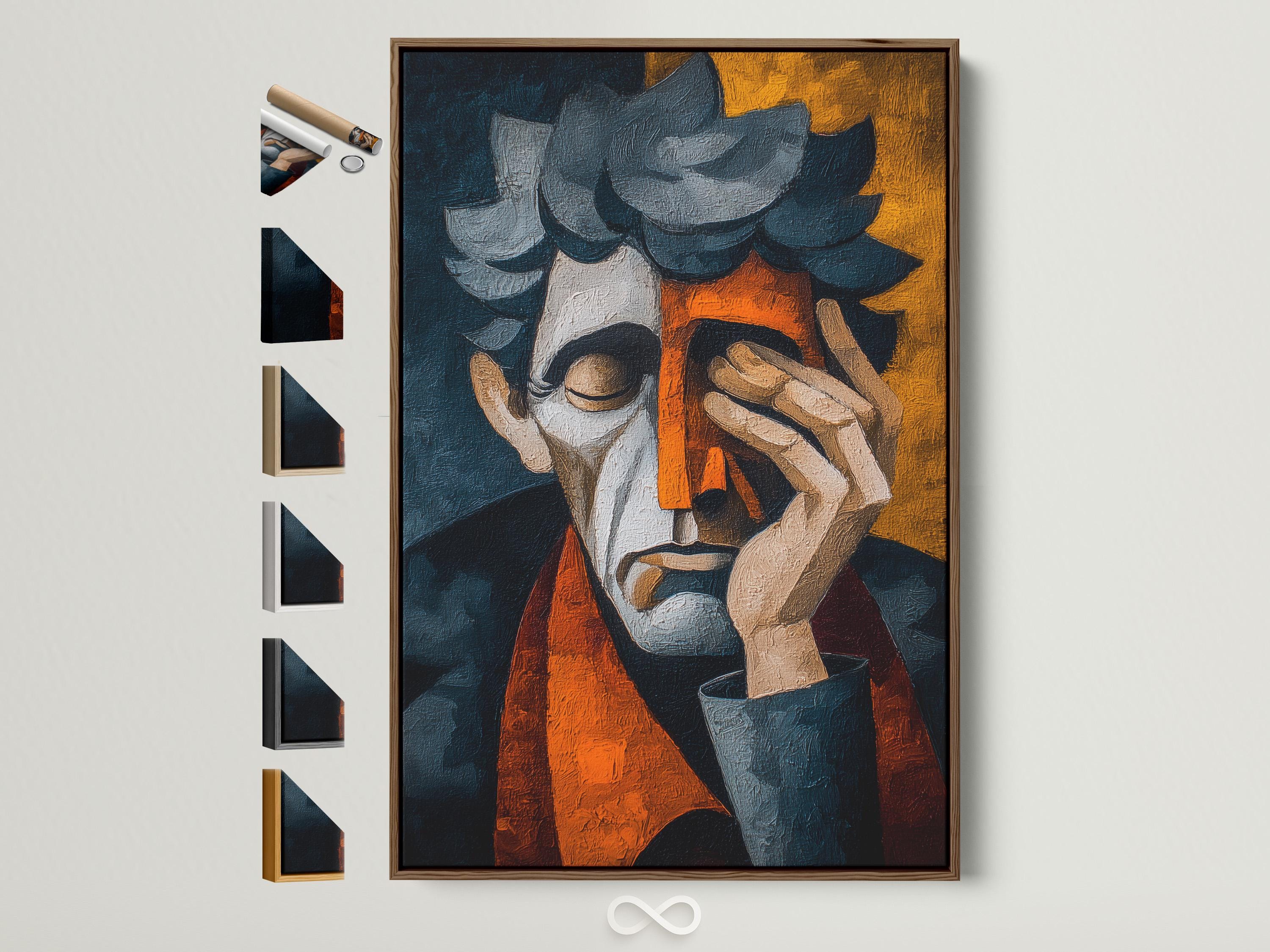 A textured abstract portrait figure in teal and navy, holding a book-like shape, with warm orange and golden blocks behind