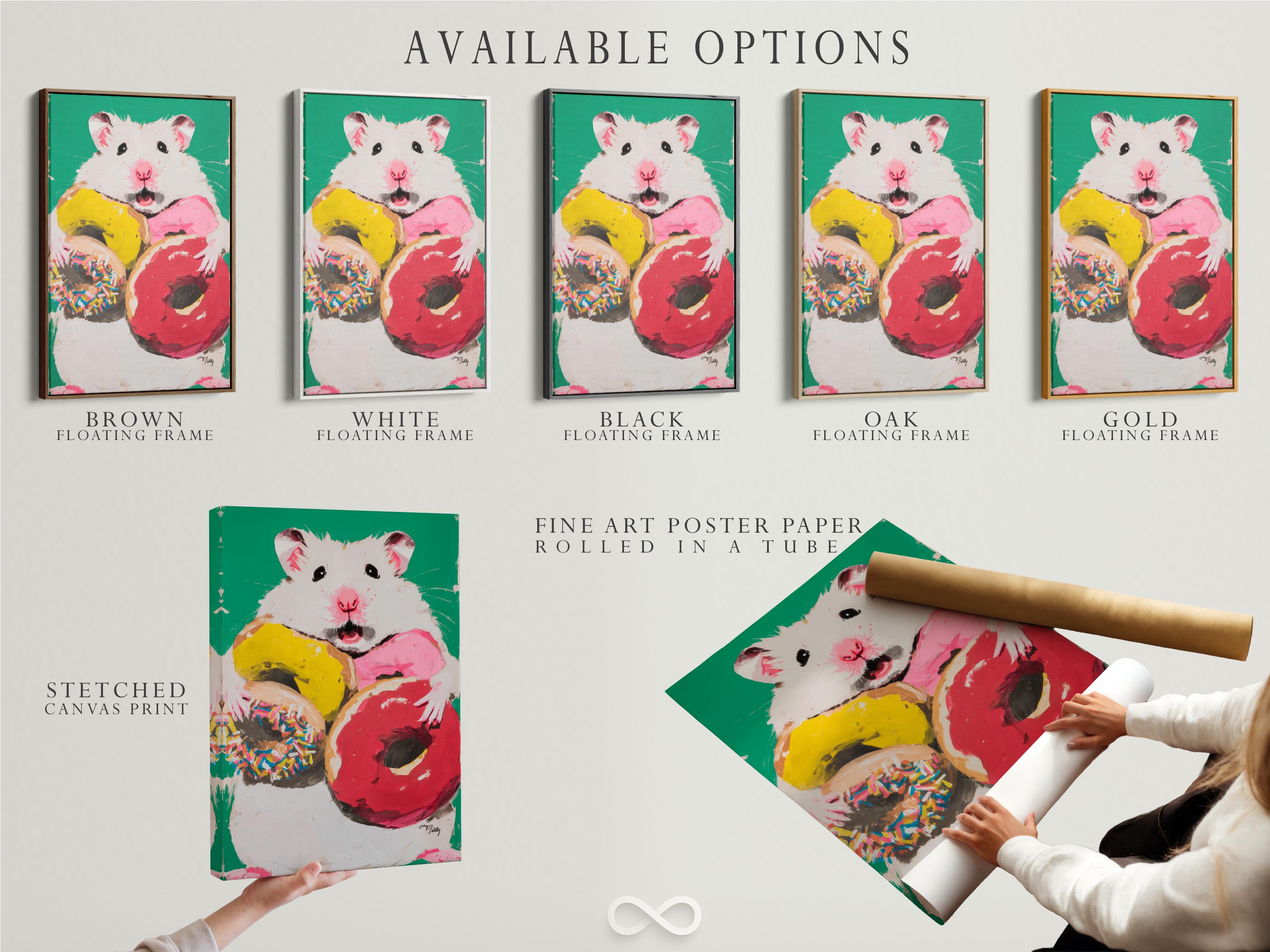 Cute hamster portrait holding a pink donut on a bright green background detail view