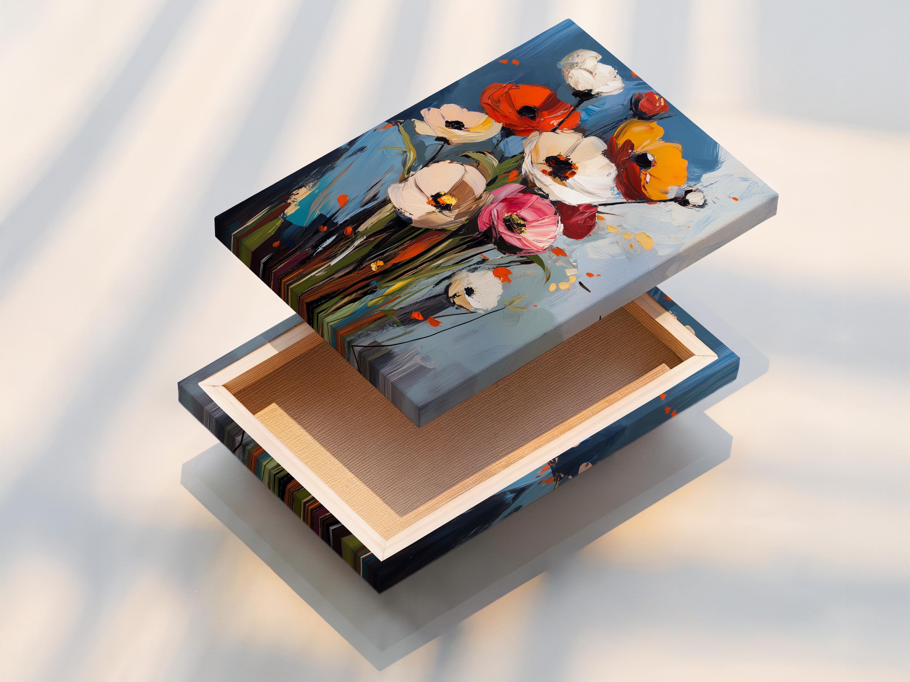 Room mockup showing framed floral artwork with poppy-like blooms and a blue background