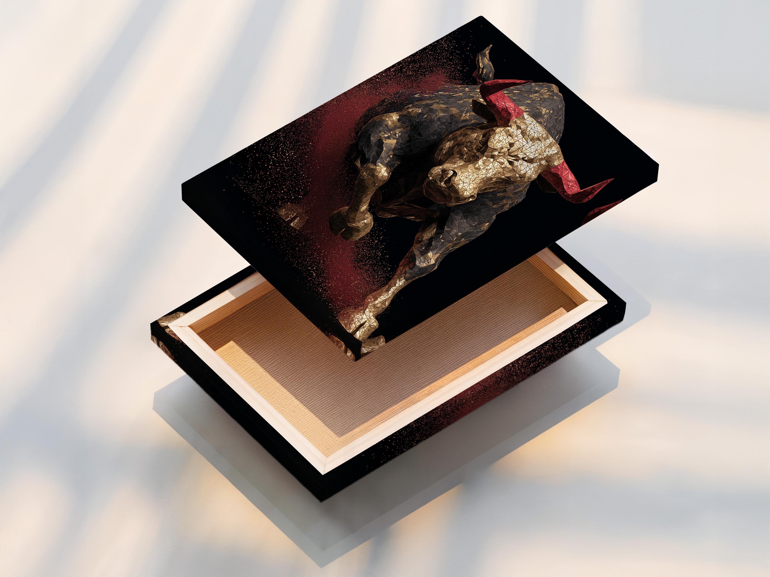 Geometric bull artwork with metallic gold facets and deep red speckles on a dark background detail view