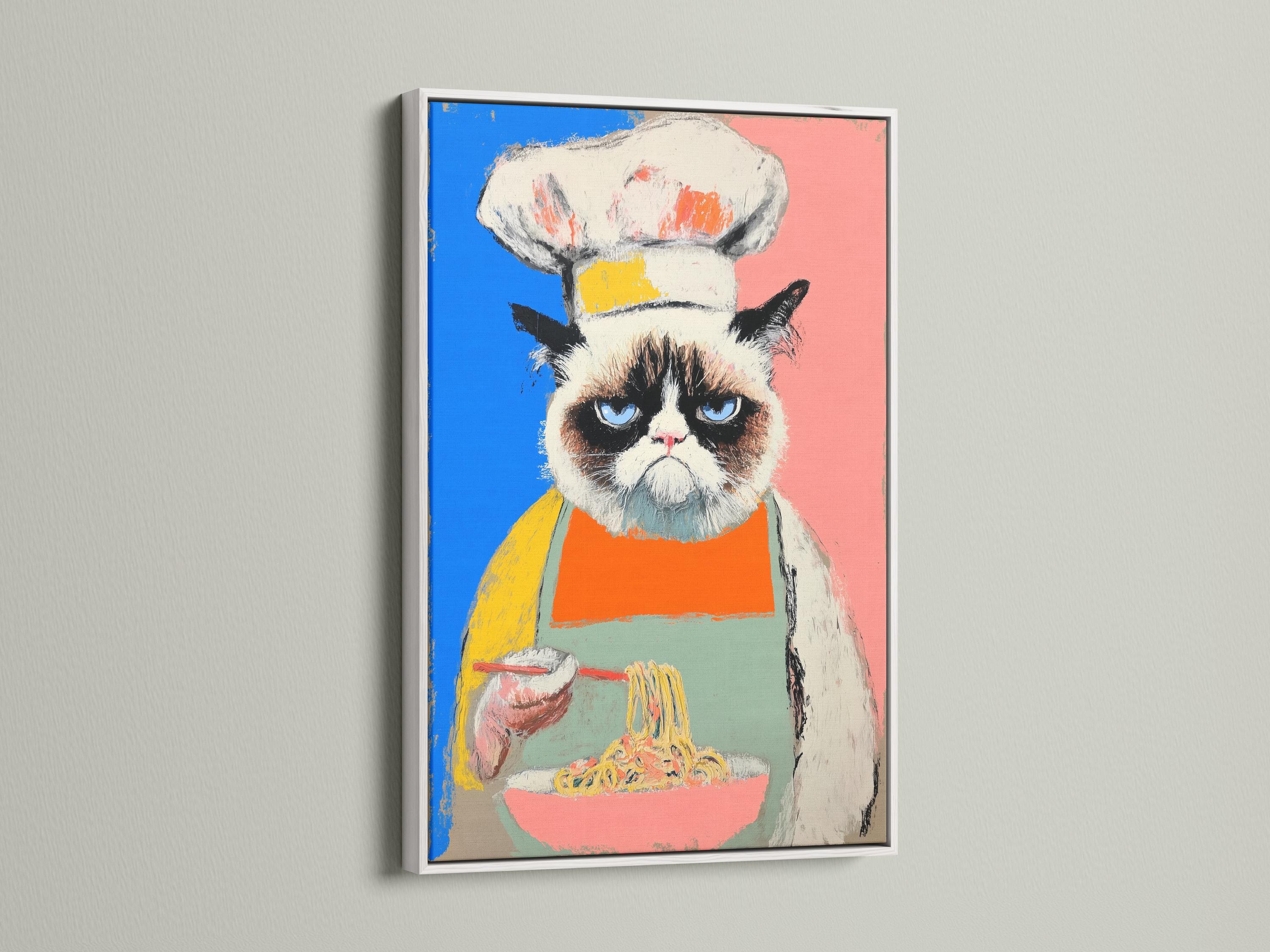 Grumpy cat chef pop art portrait with blue and pink background and a noodle bowl detail view