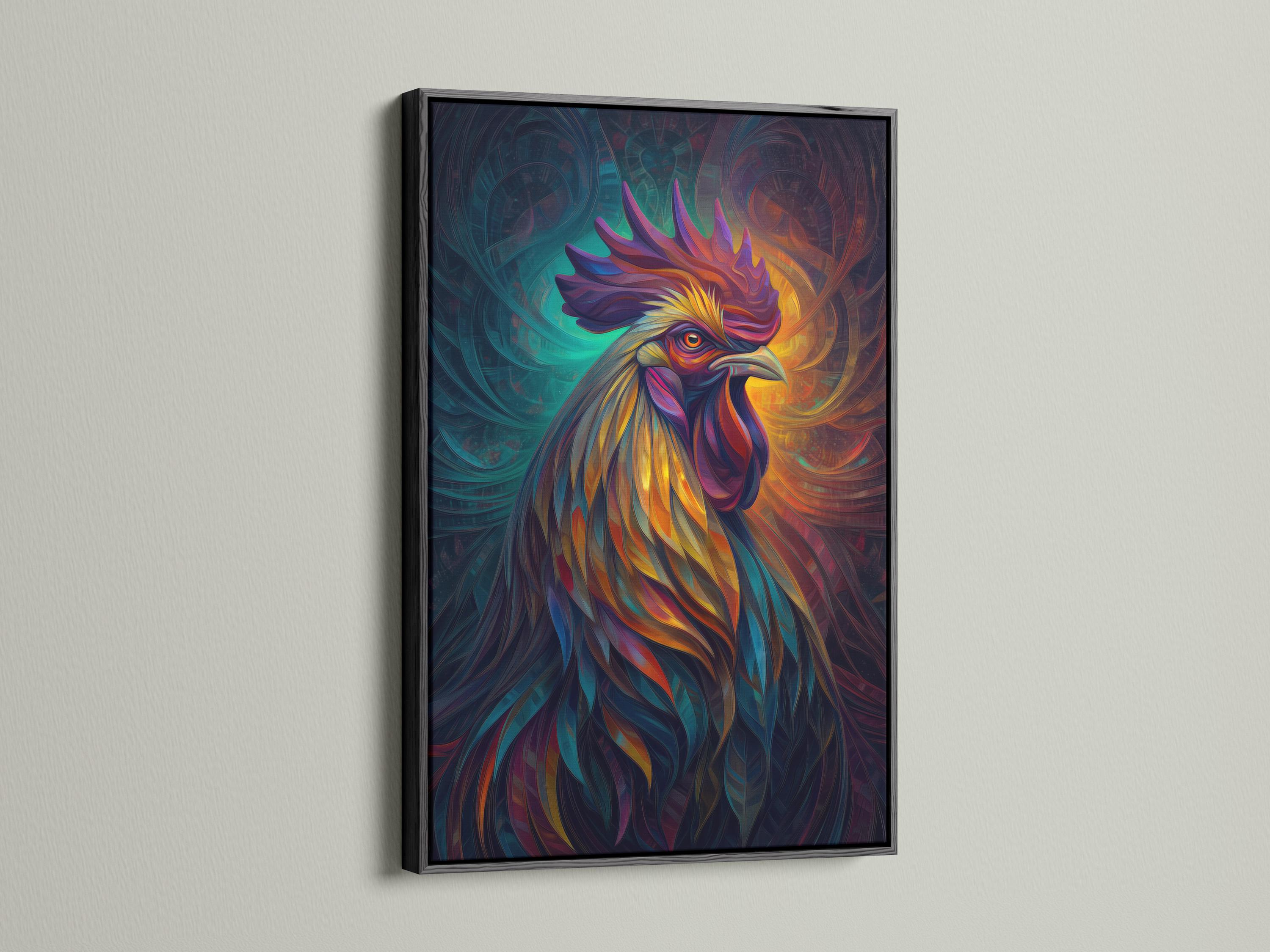 Room mockup showing framed rooster artwork in vivid teal, orange, purple and yellow