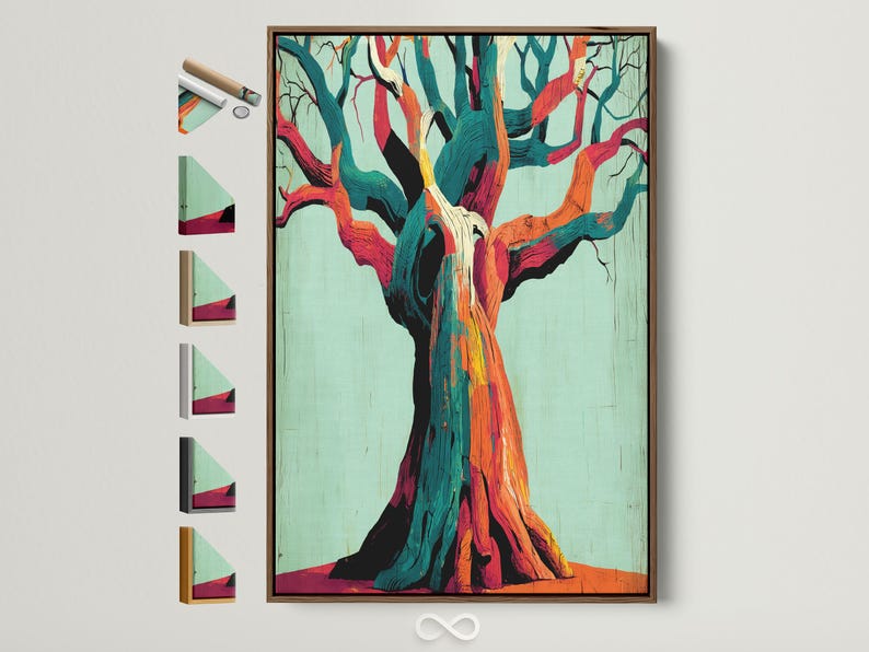 Stylised abstract tree with teal, orange and magenta branches on a pale mint background