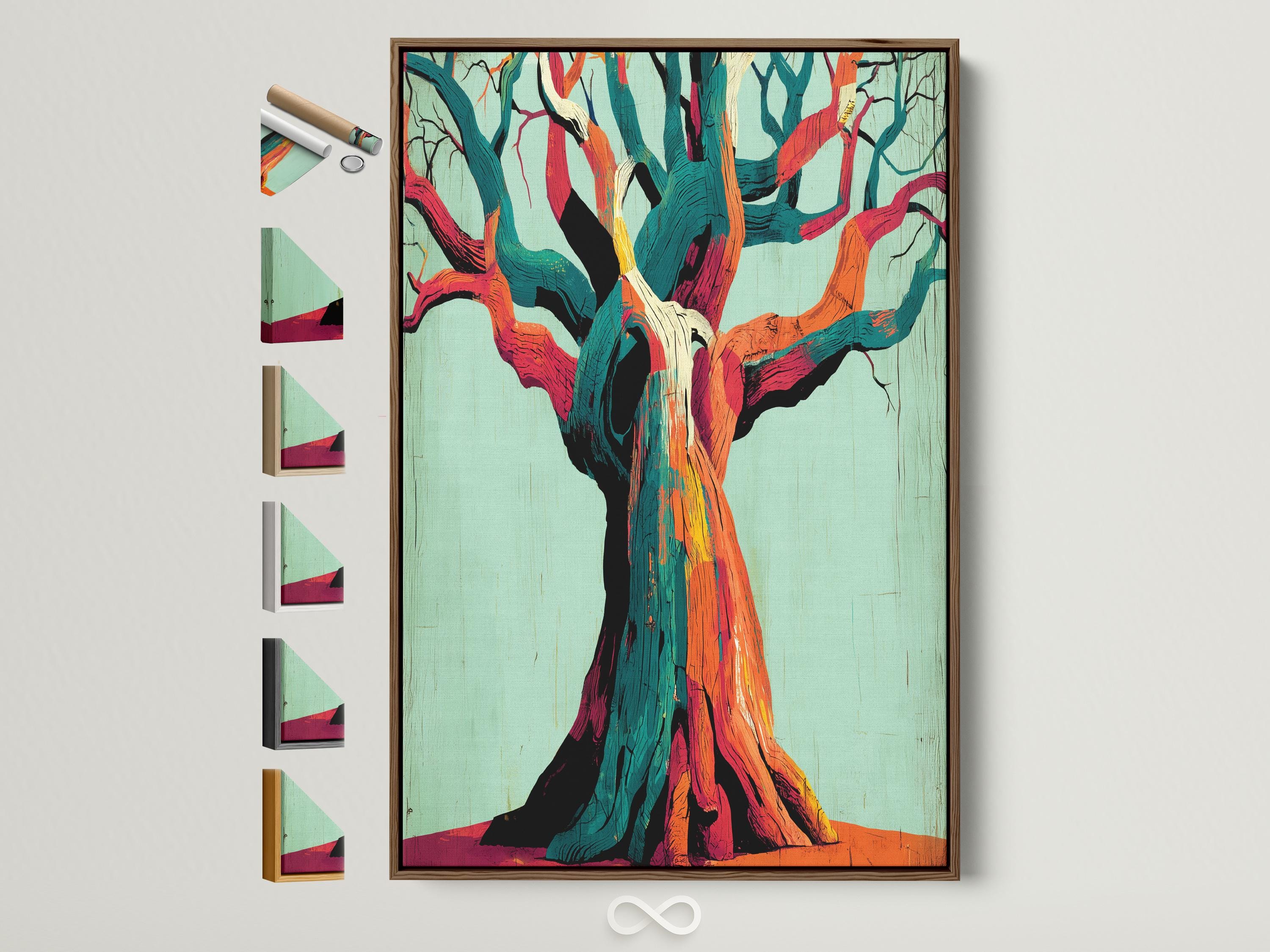 Stylised abstract tree with teal, orange and magenta branches on a pale mint background