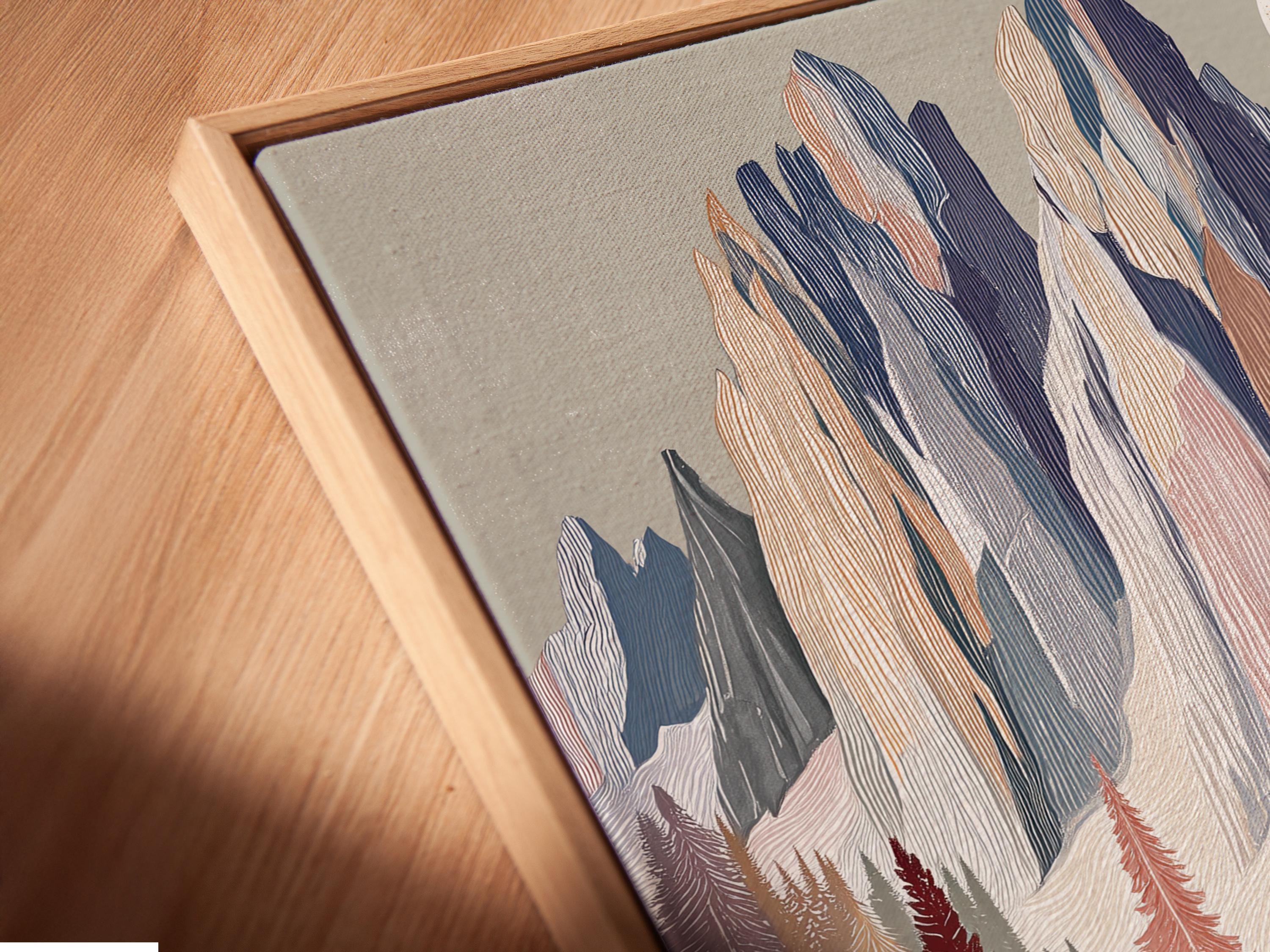 Pastel mountain and conifer forest landscape with a pale moon in the sky detail view