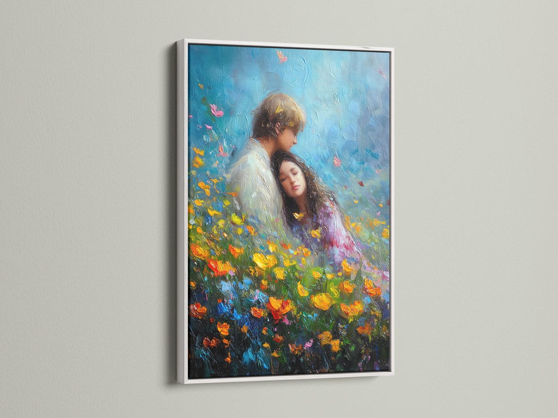 Romantic couple embracing in a blue wildflower field, painterly textured style detail view