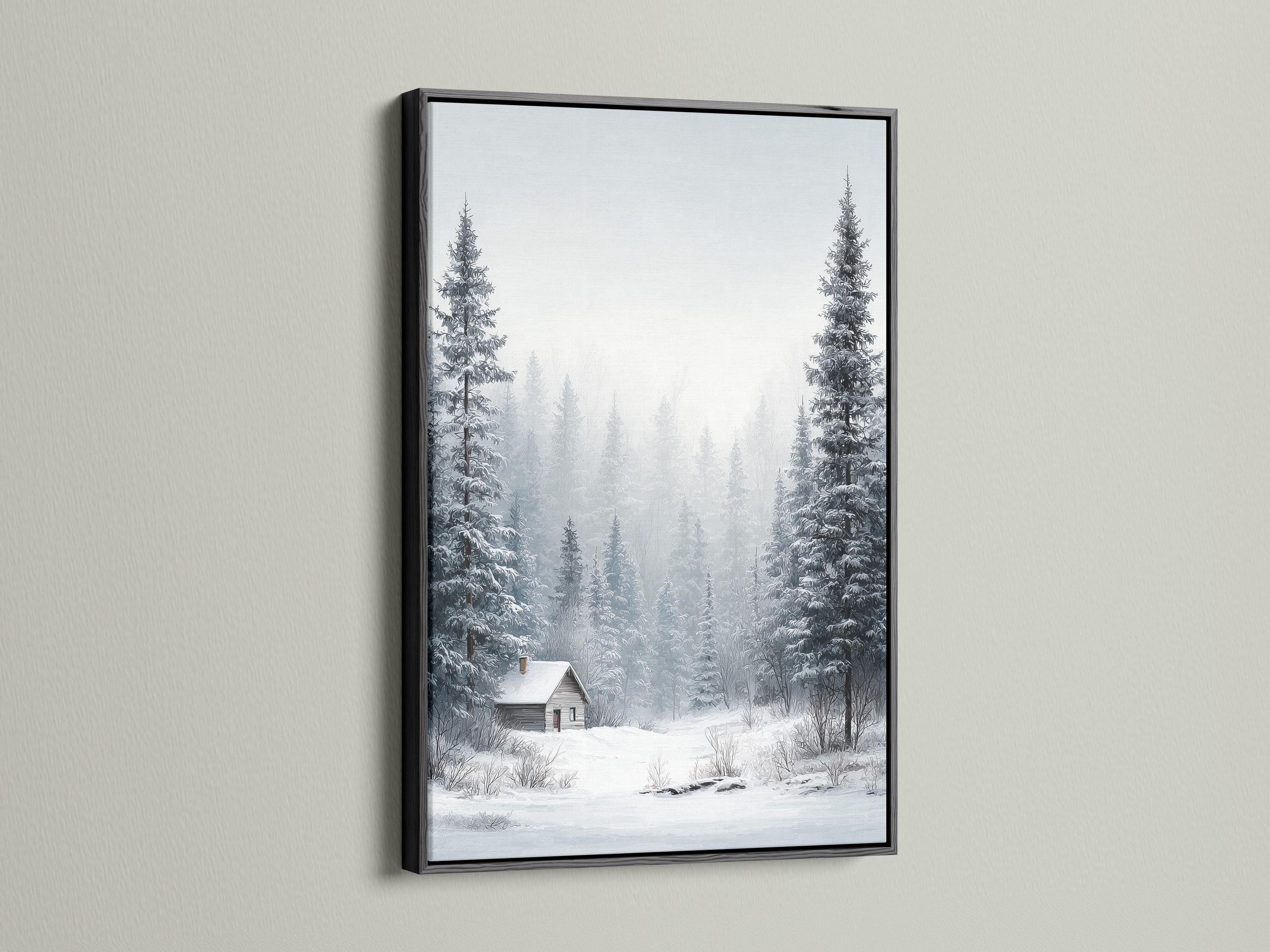 Snowy winter forest scene with pine trees, mist, and a small cabin detail view