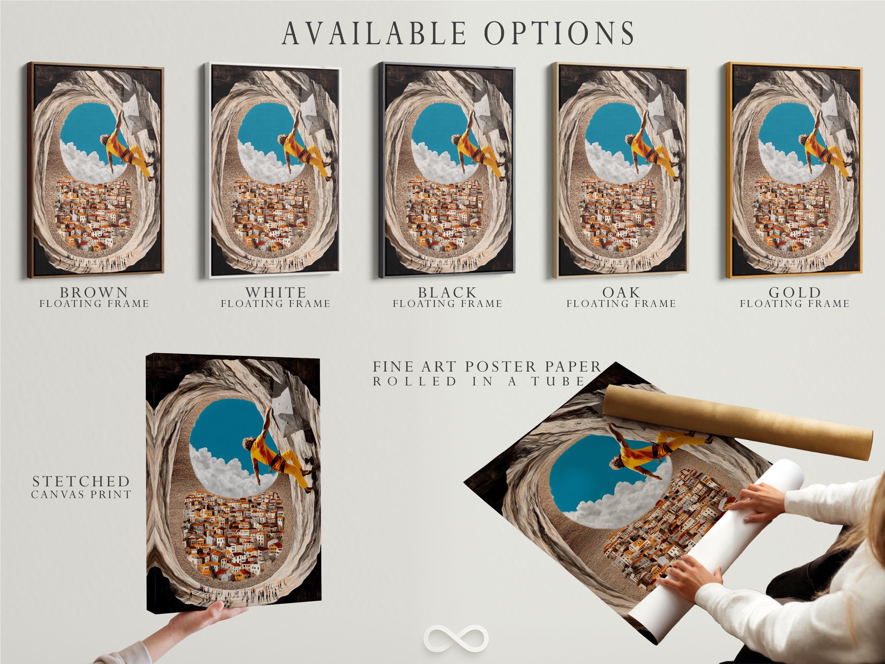 Wall art mockup showing a framed climber scene hanging on a wall among other frame options