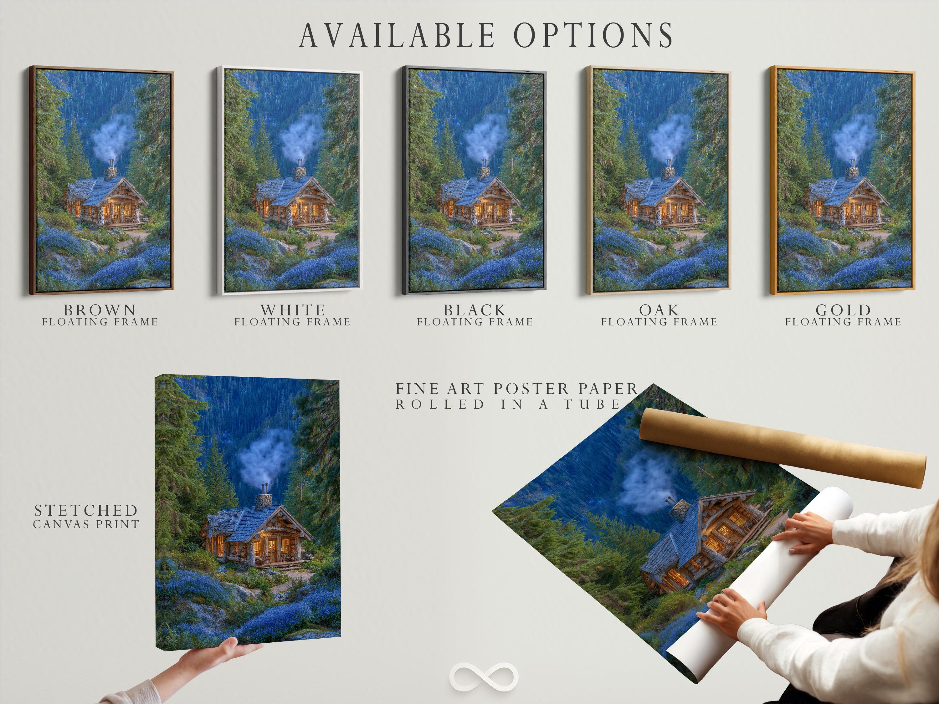 Forest cabin scene with evergreen trees, blue mist, and warm glowing windows detail view