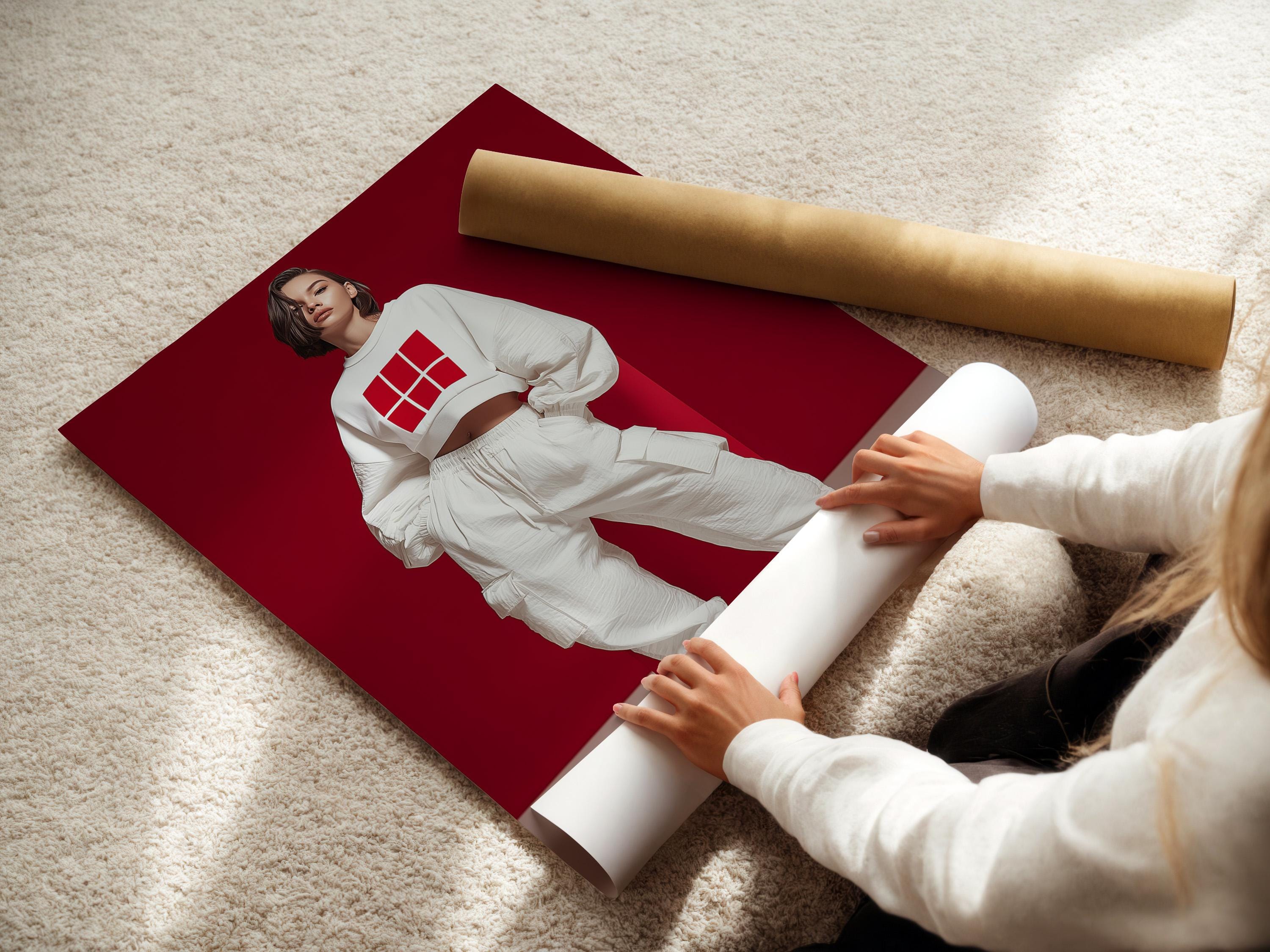 Stylised fashion portrait of a woman in white streetwear with a grid logo on a deep red background detail view