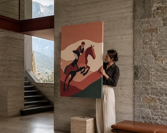 Equestrian Art Print - Horse Rider Canvas Wall Art, Vintage Terracotta Western Decor for Study Room Wall Decor
