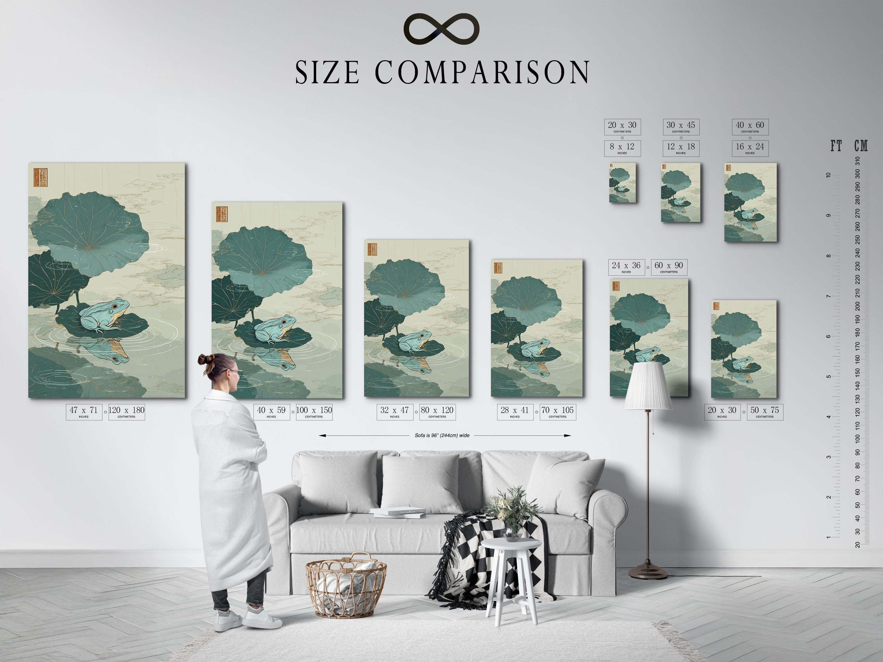 Framed pond illustration with lily pads and two frogs on a wall mockup