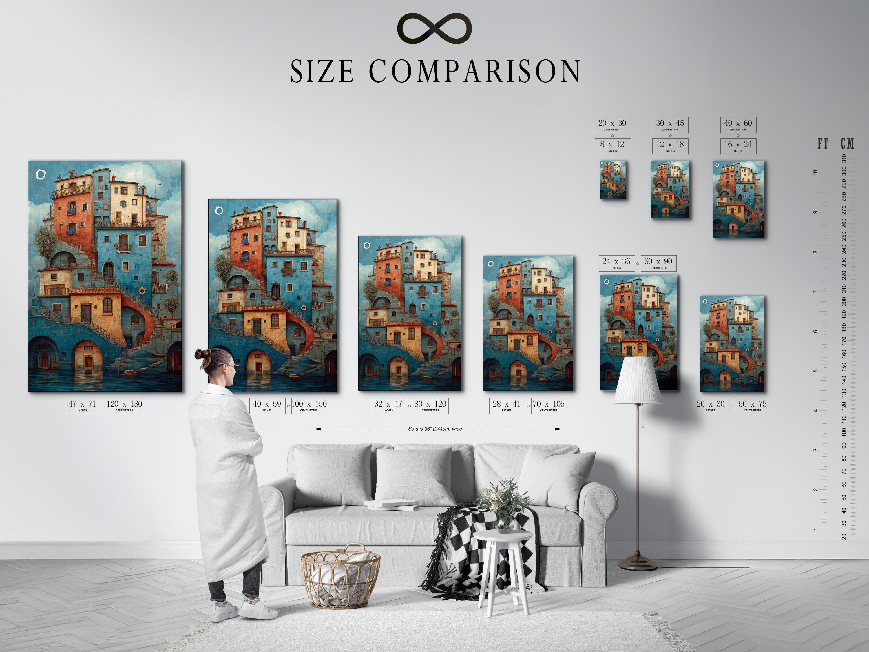 Turquoise and coral Mediterranean cityscape with arched windows, balconies, staircases and reflective water detail view
