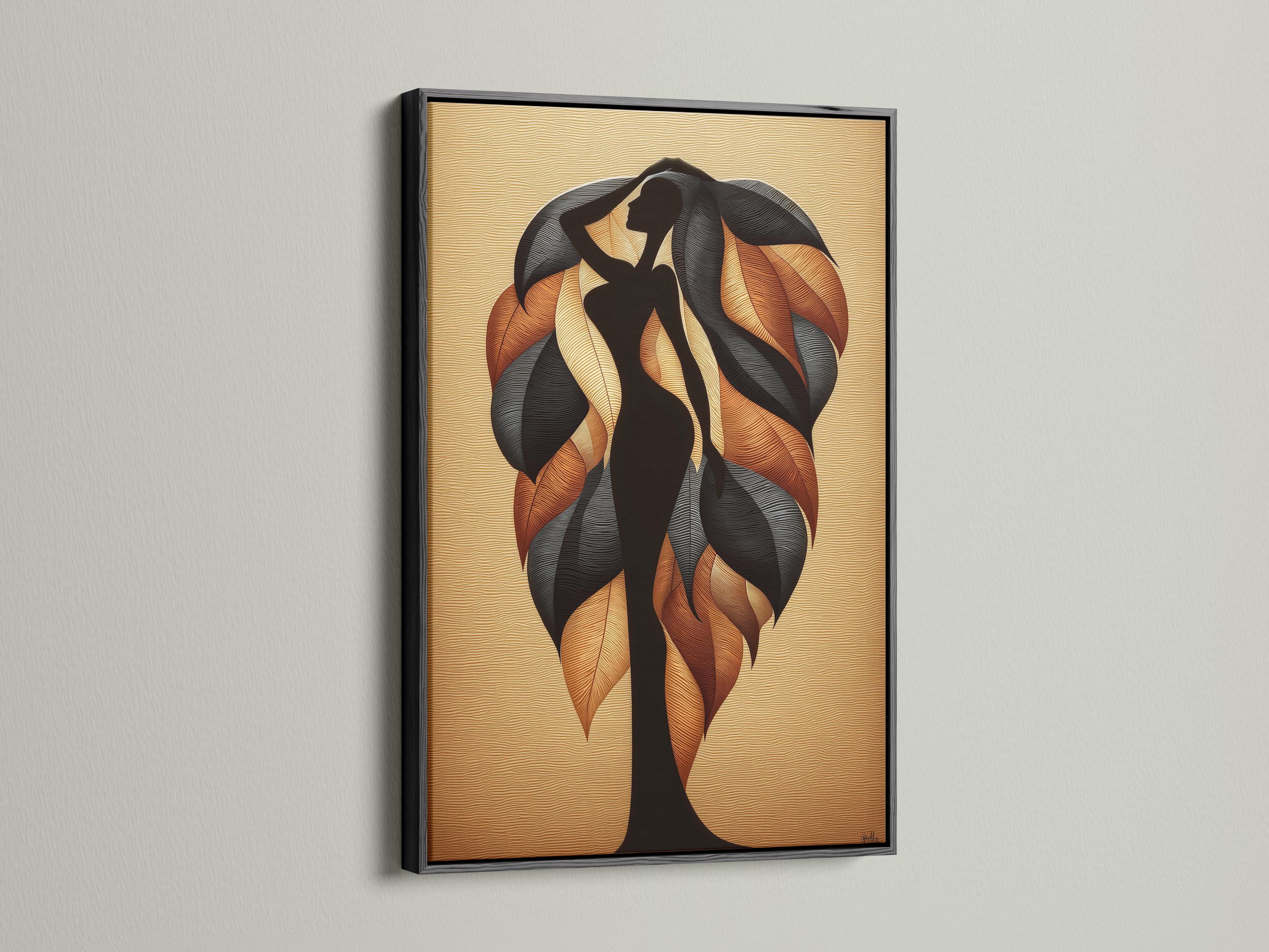 Leaf silhouette artwork with a dark figure shape and swirling burnt orange leaf forms on a beige textured background detail view