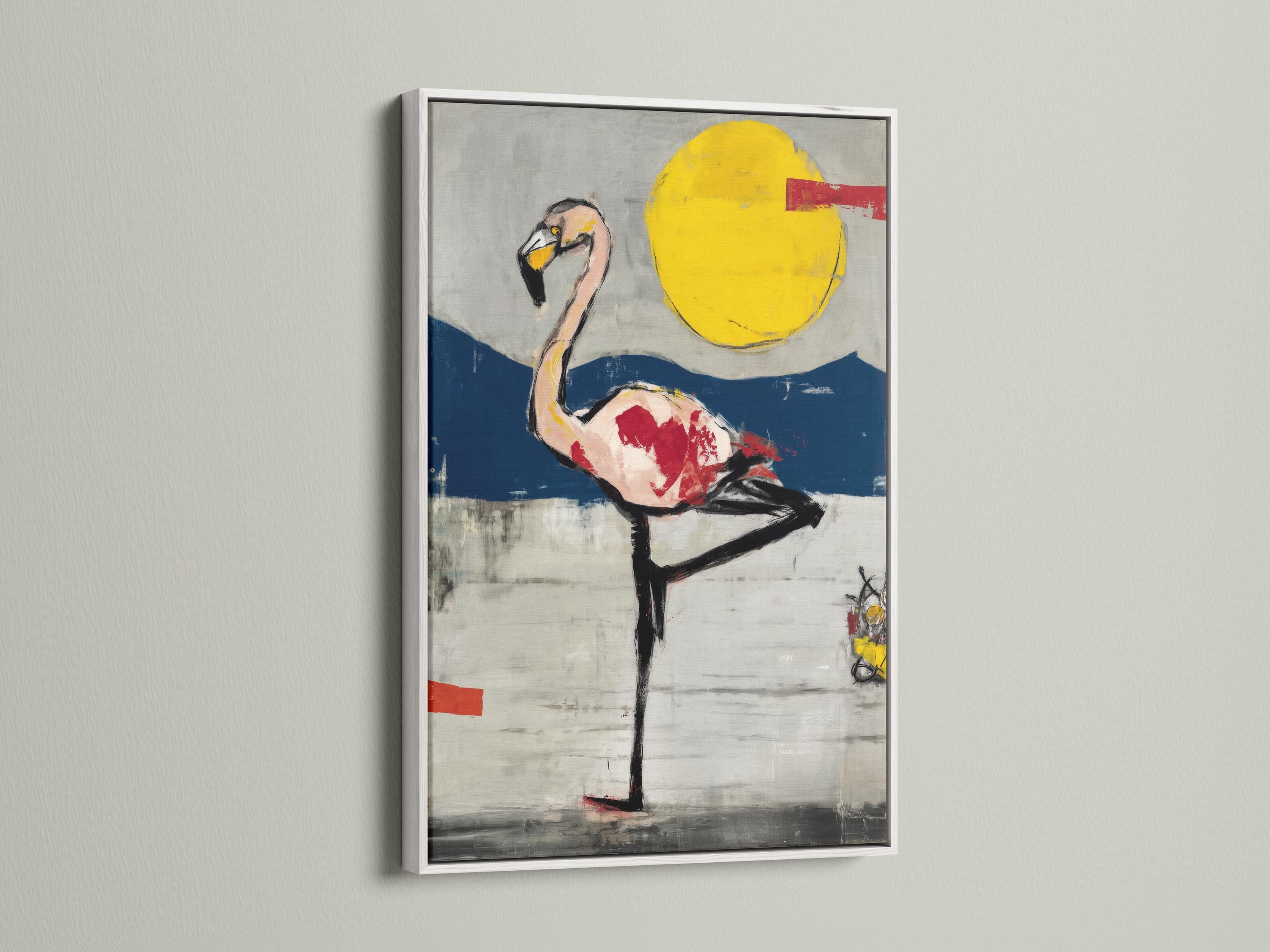 Room mockup showing a framed flamingo artwork with a yellow sun and navy blue horizon