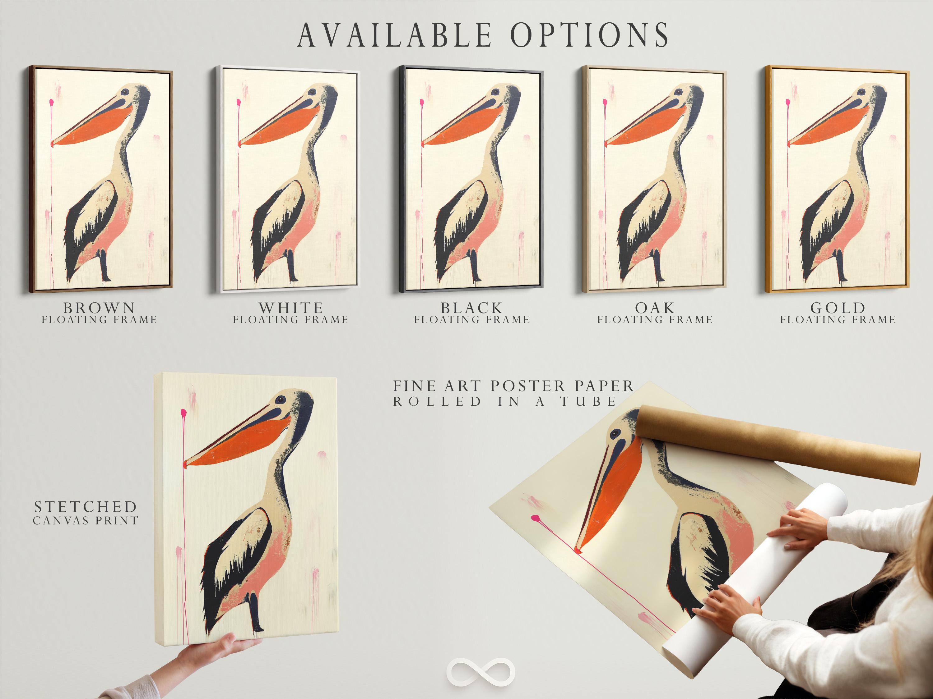 Stylised pelican with warm orange beak on a cream background and pink drips detail view
