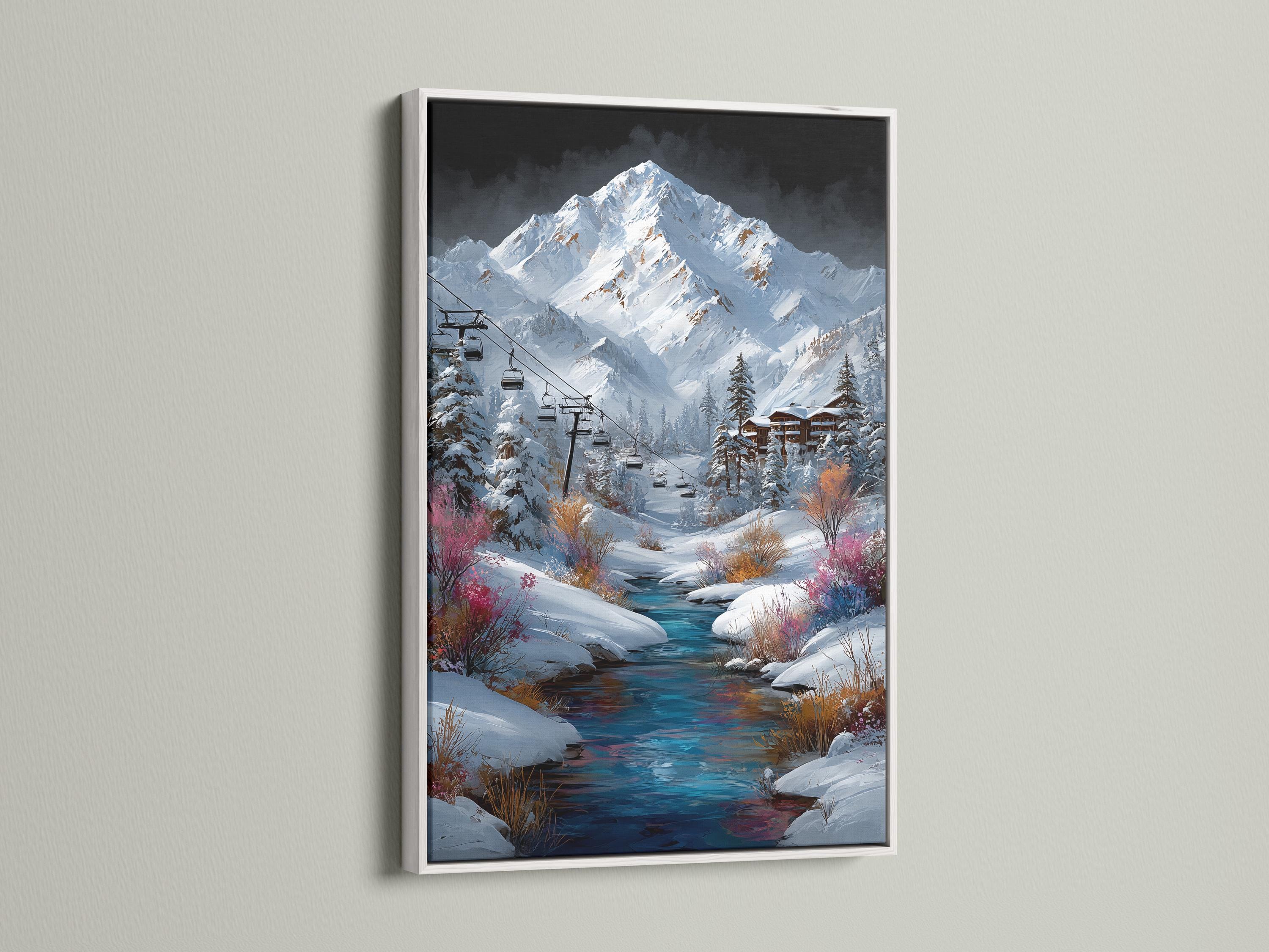 Room mockup featuring a framed snowy mountain landscape with ski lift gondolas